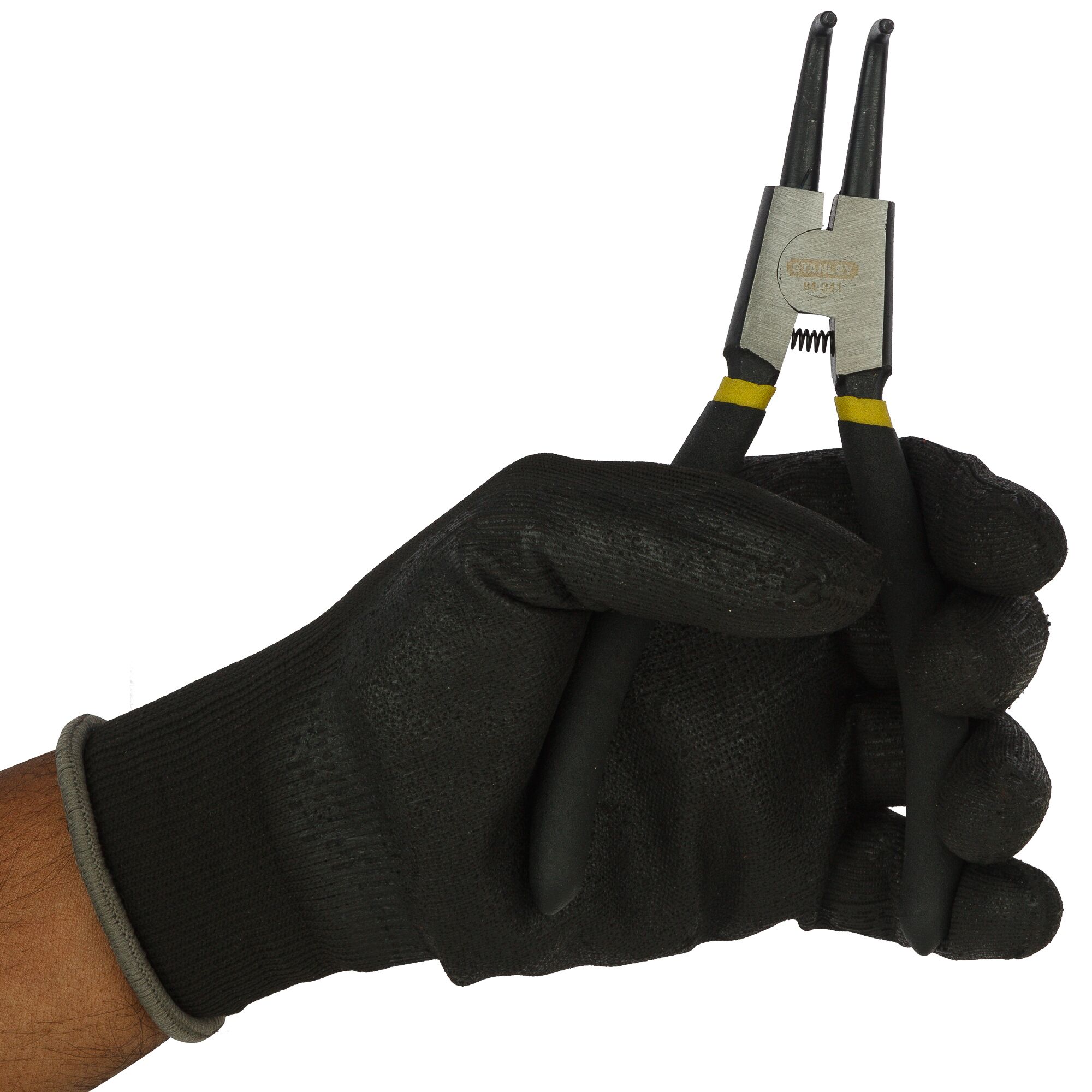 Photo of STANLEY 84-341-23 snap ring pliers held in a gloved hand, side angle.