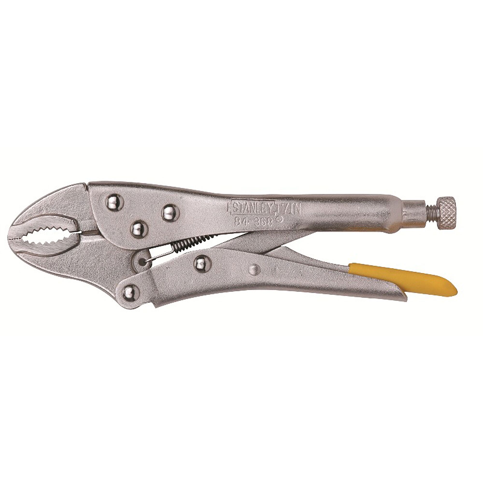 Stanley 84-368 locking pliers with silver finish and yellow grip, photography, side angle.
