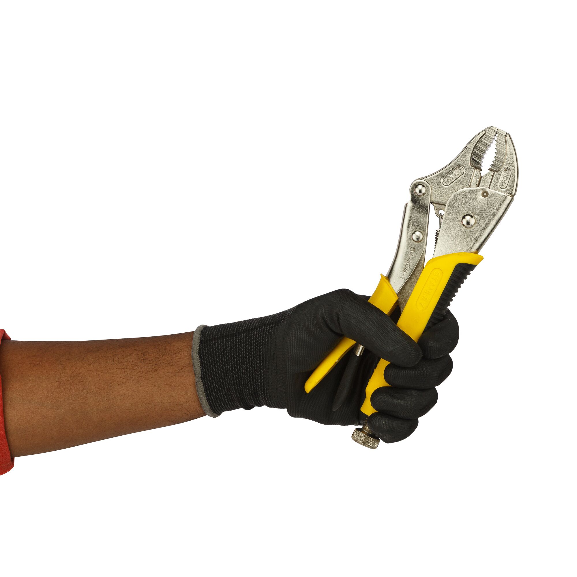 Photo of STANLEY 84-369-1-23 locking pliers with yellow handles held in a gloved hand.