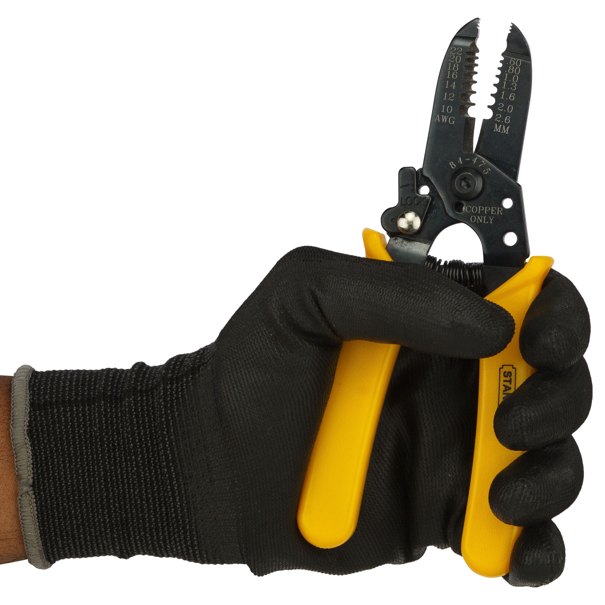 STANLEY 84-475-22 wire stripper with yellow handles held in a gloved hand, front angle.