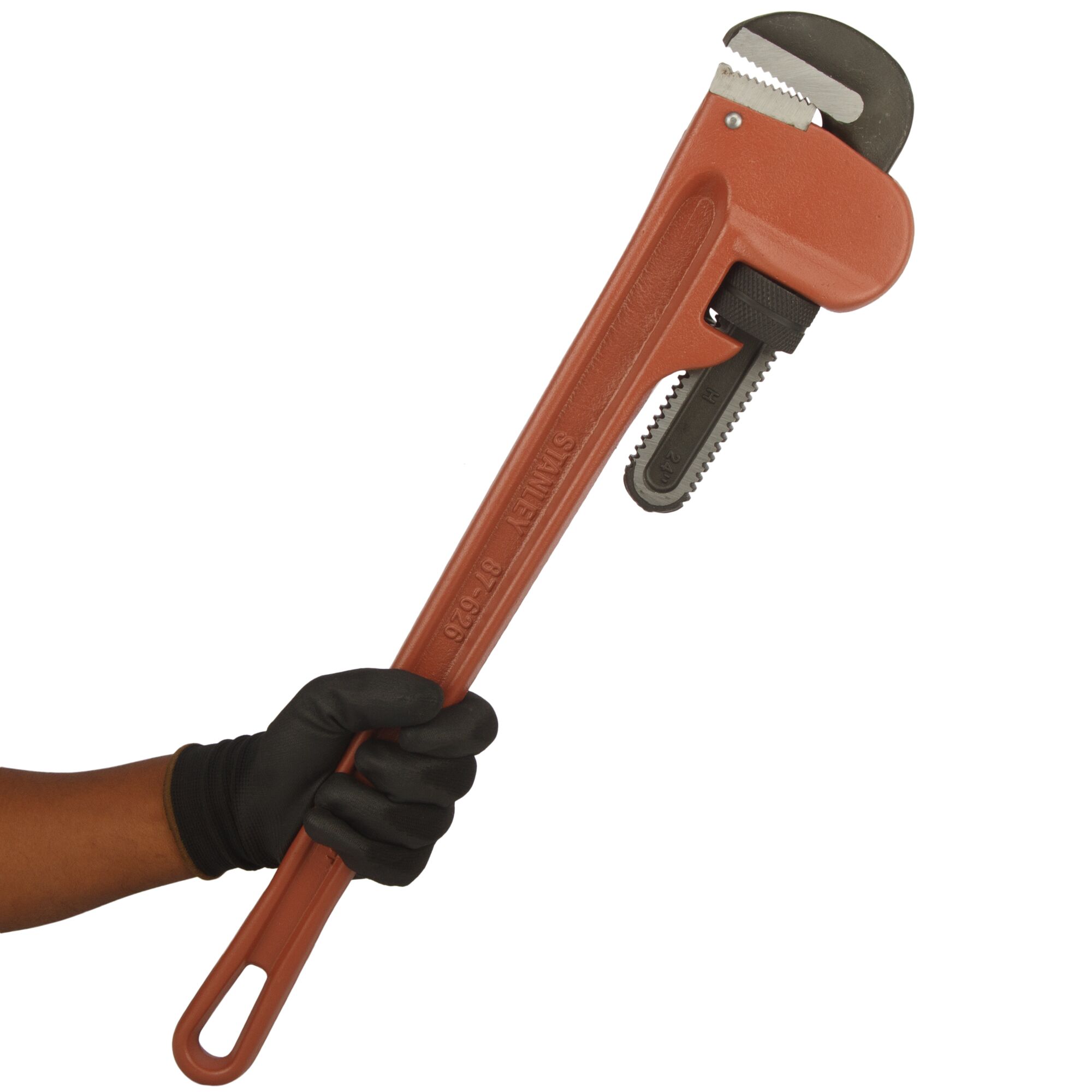 A gloved hand holding a large red Stanley pipe wrench against a white background.