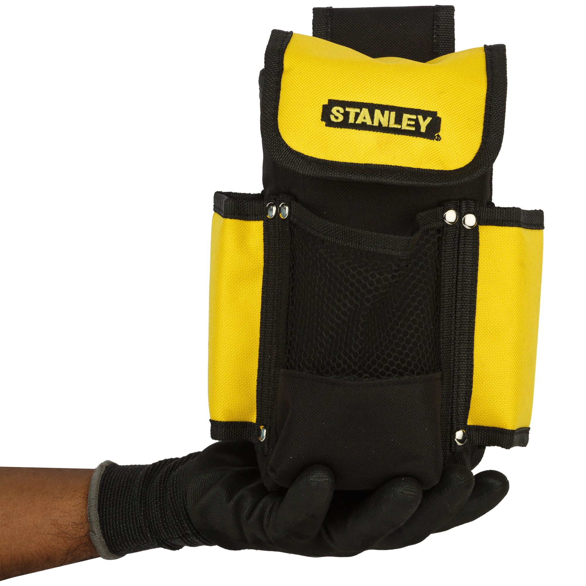 STANLEY 93-222 tool pouch in yellow and black, front view, shown held in a gloved hand.