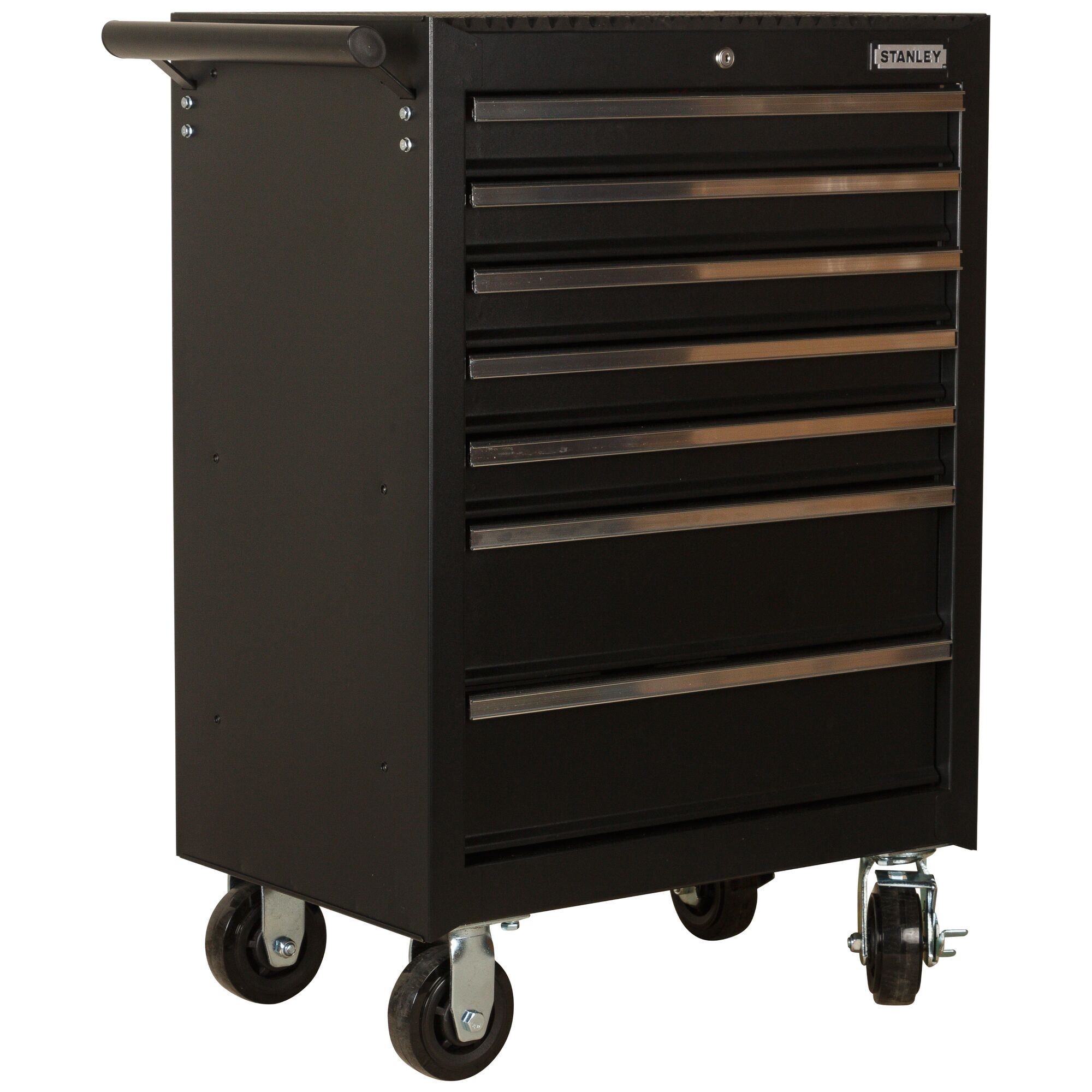 STANLEY 93-547-23ID black rolling tool cabinet with six drawers, side handle, front angle, white background.
