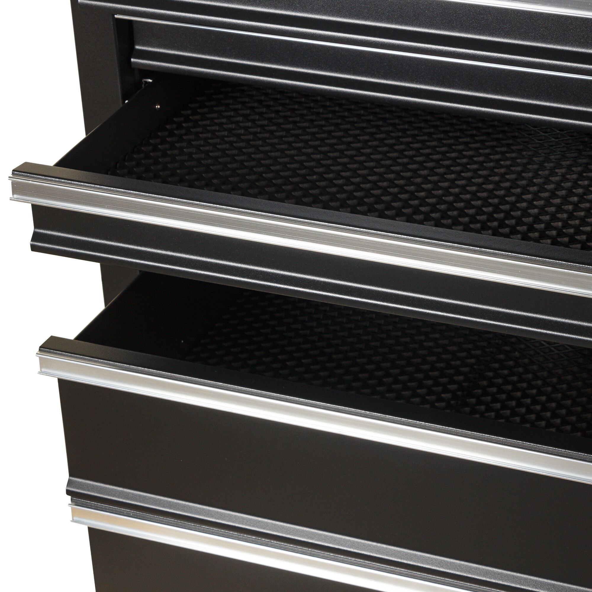 STANLEY 93-547-23ID black tool chest drawers with silver handles, shown open, angled front view.