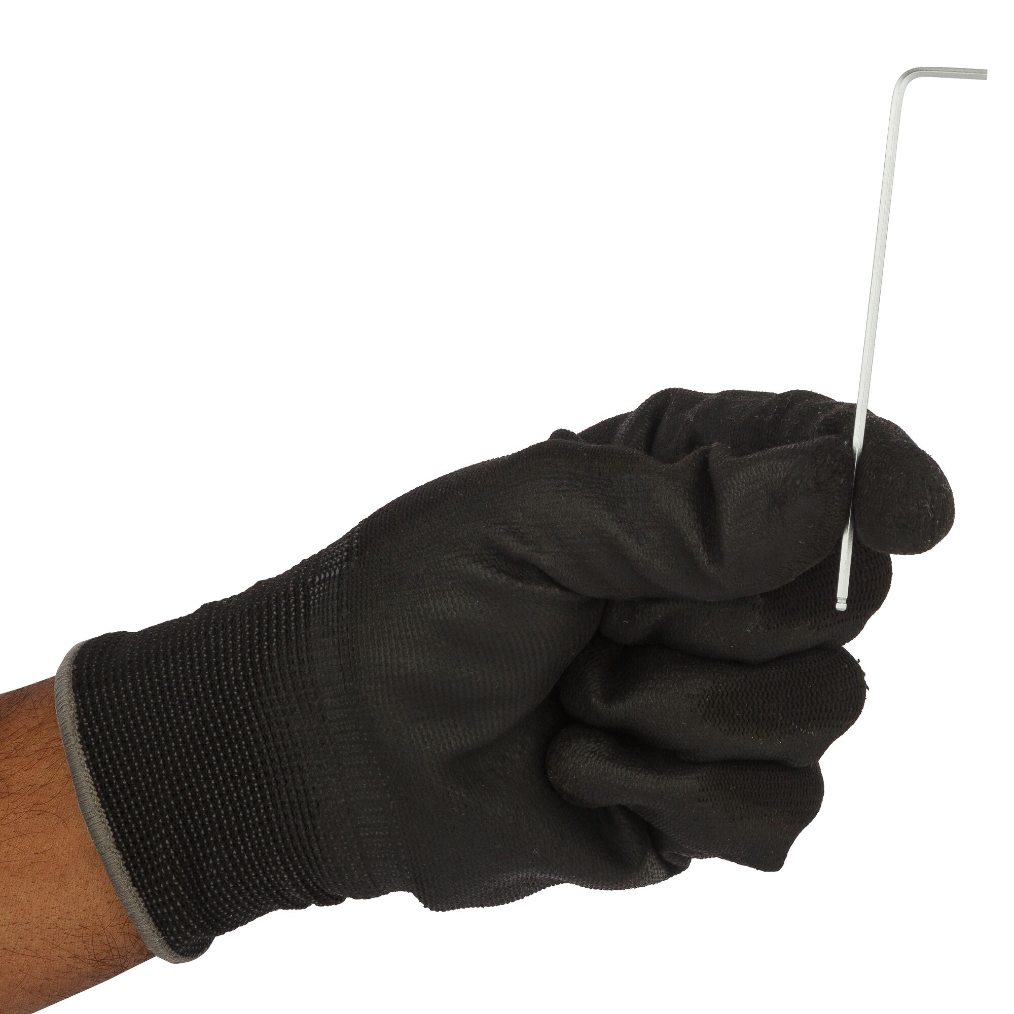 STANLEY 94-080 hex key held by gloved hand, side angle, photography product.