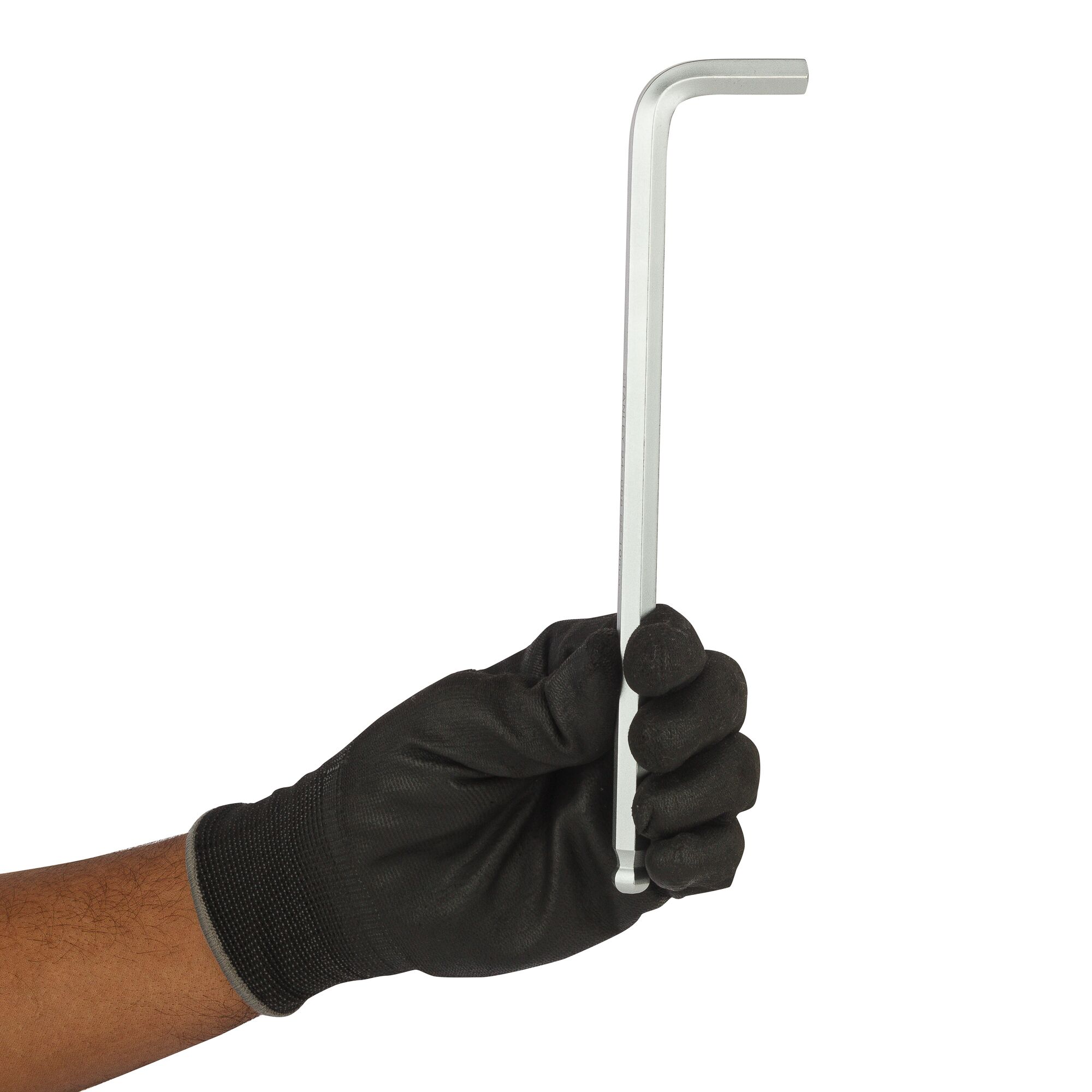 Photo of STANLEY 94-088 hex key held in gloved hand, side angle, silver color, tool category.