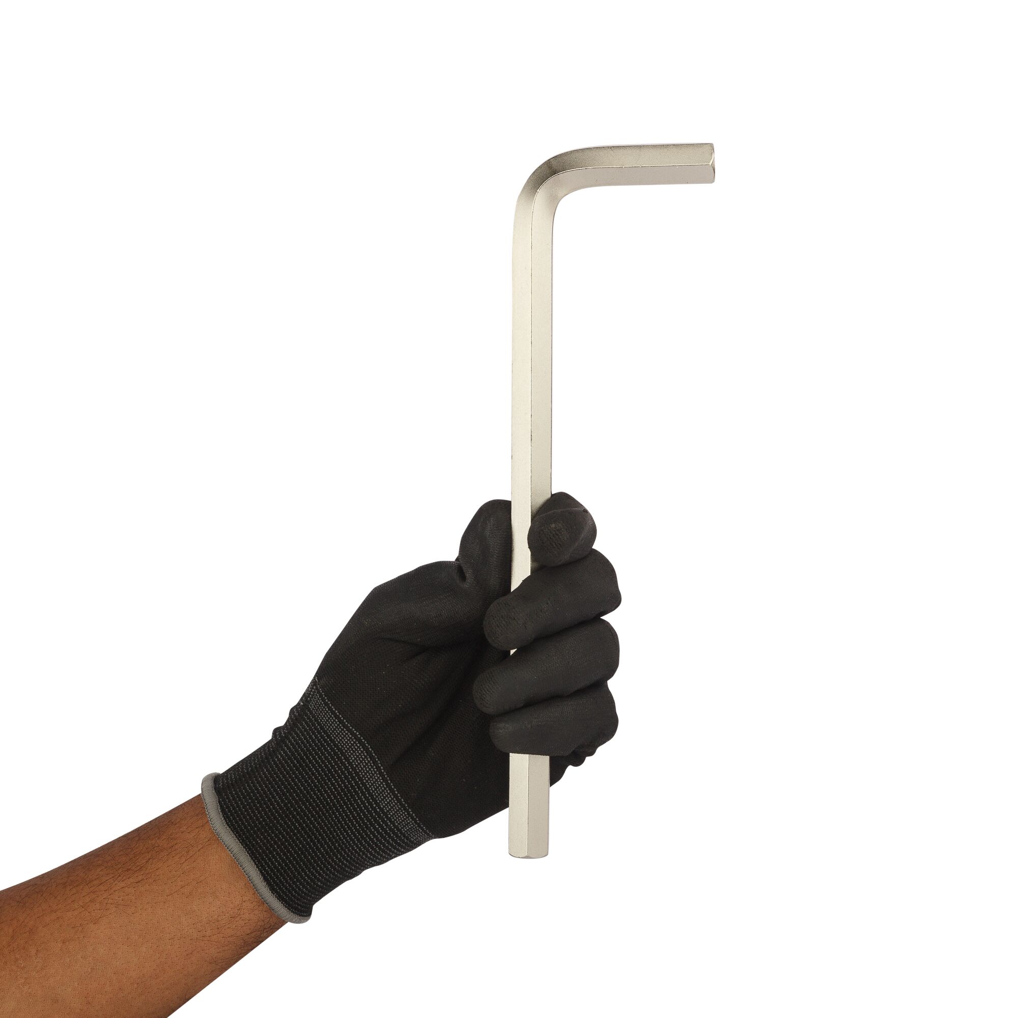 Photo of STANLEY 94-150 large hex key held by gloved hand, side angle, on white background.