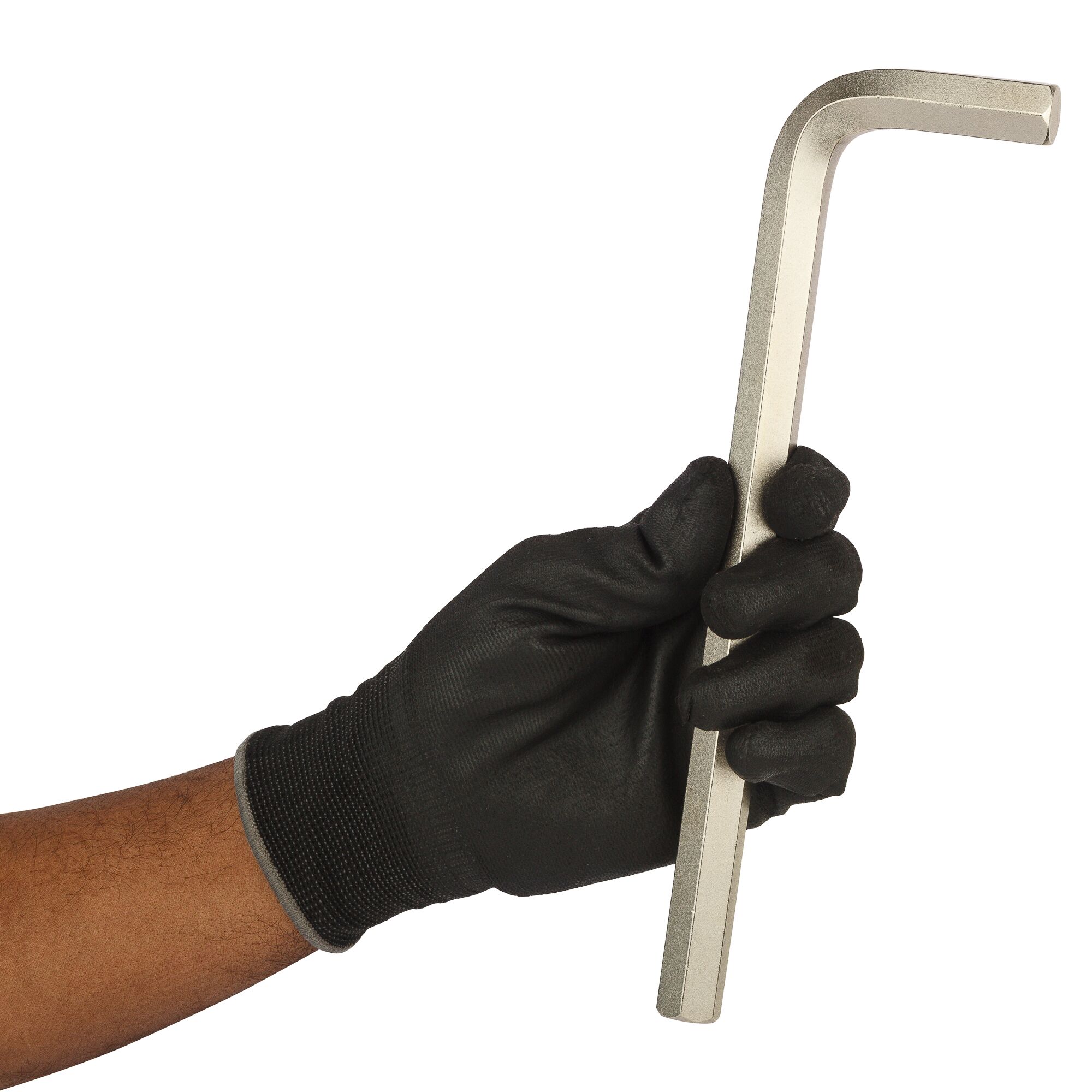 Gloved hand holding a large silver L-shaped hex key tool against a white background.
