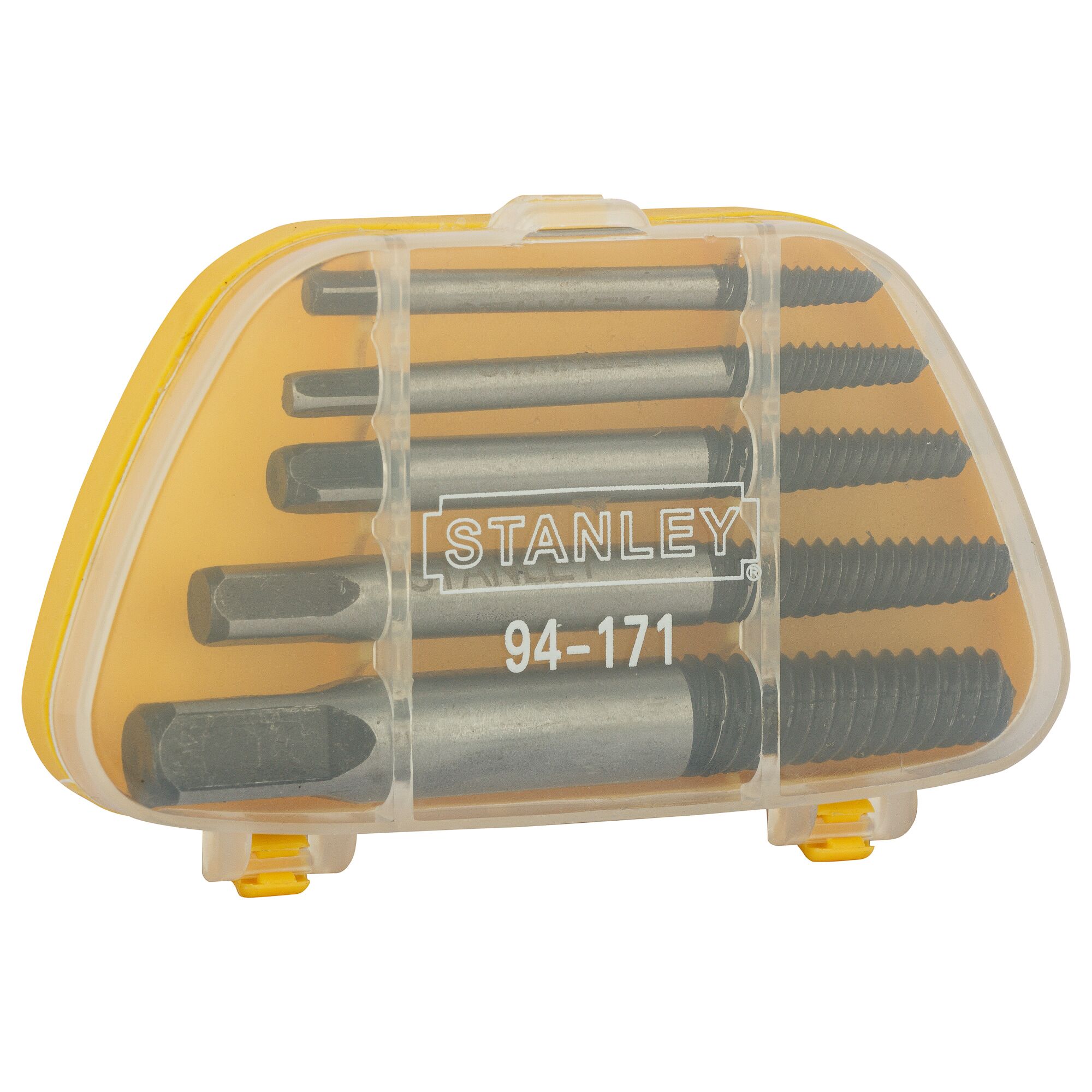 Stanley 94-171 extractor set in a yellow plastic case with metal tools and transparent lid.