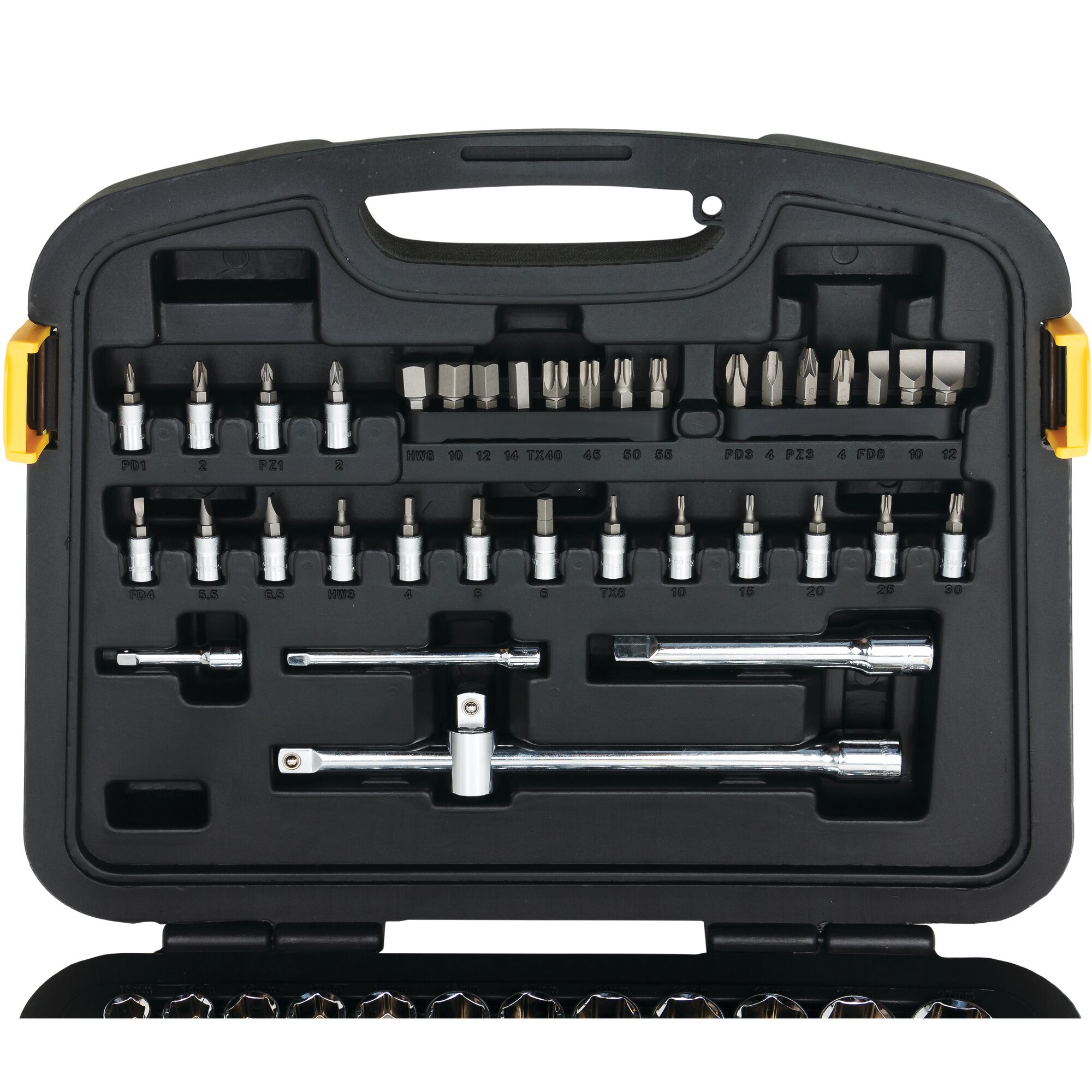 STANLEY 94-190 photography of socket and bit set in black plastic case, top view.