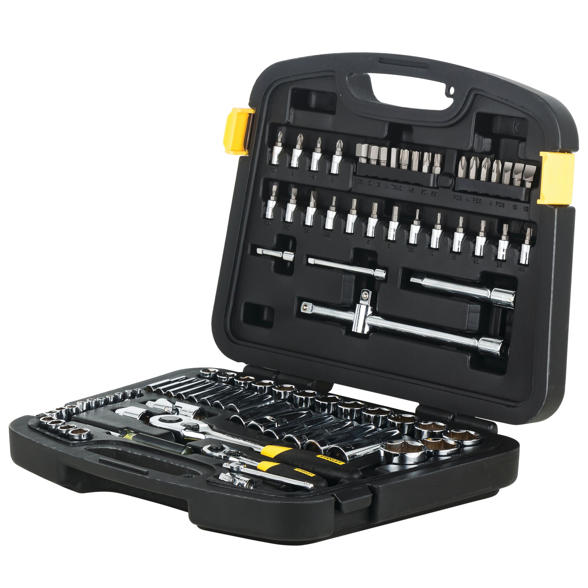 STANLEY 94-190 tool set in black case, open angled view showing sockets, wrenches, bits and accessories.