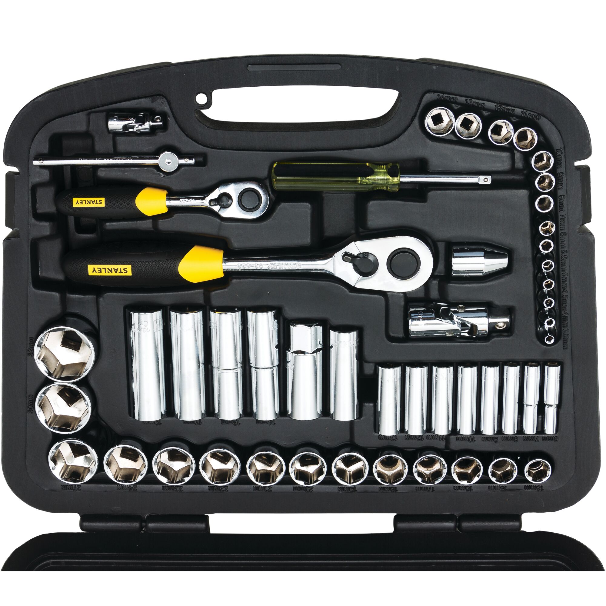 STANLEY 94-190 socket wrench set with ratchets and sockets in black case, top view.