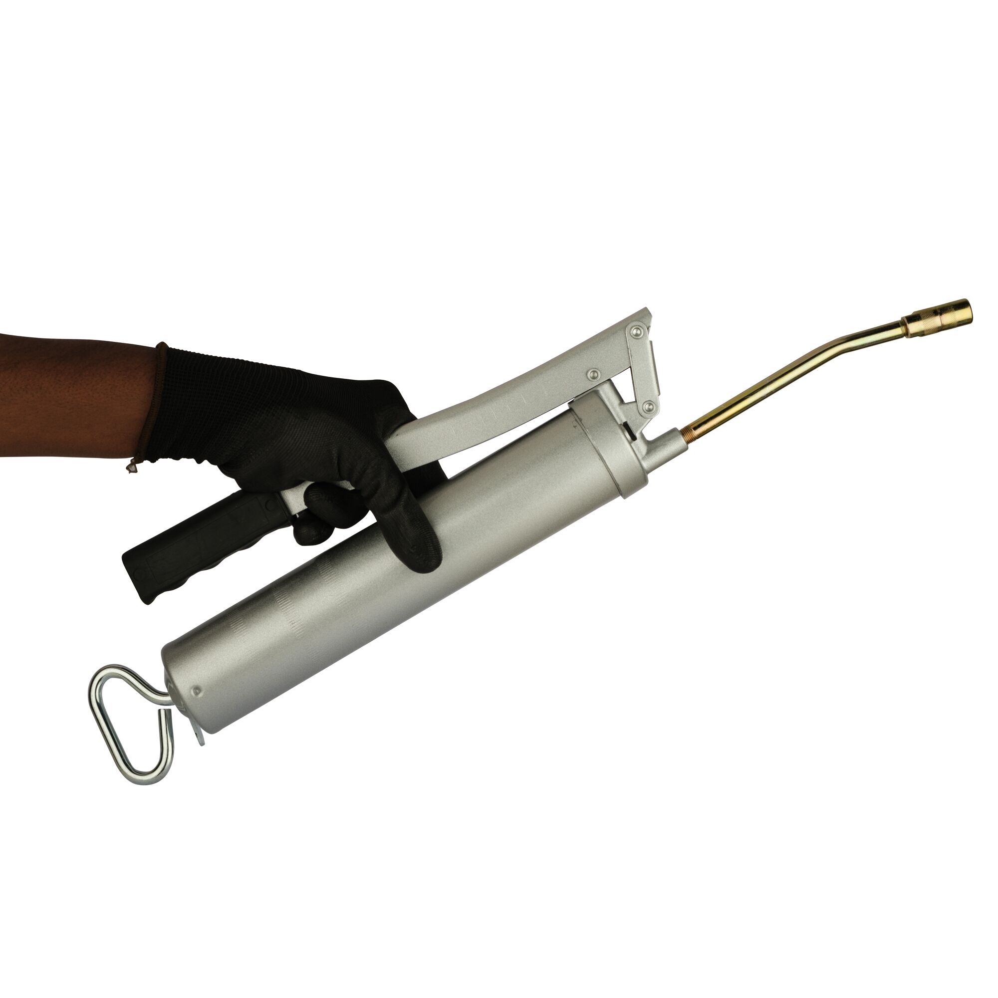 A gloved hand holding a metallic grease gun with a curved nozzle against a white background.