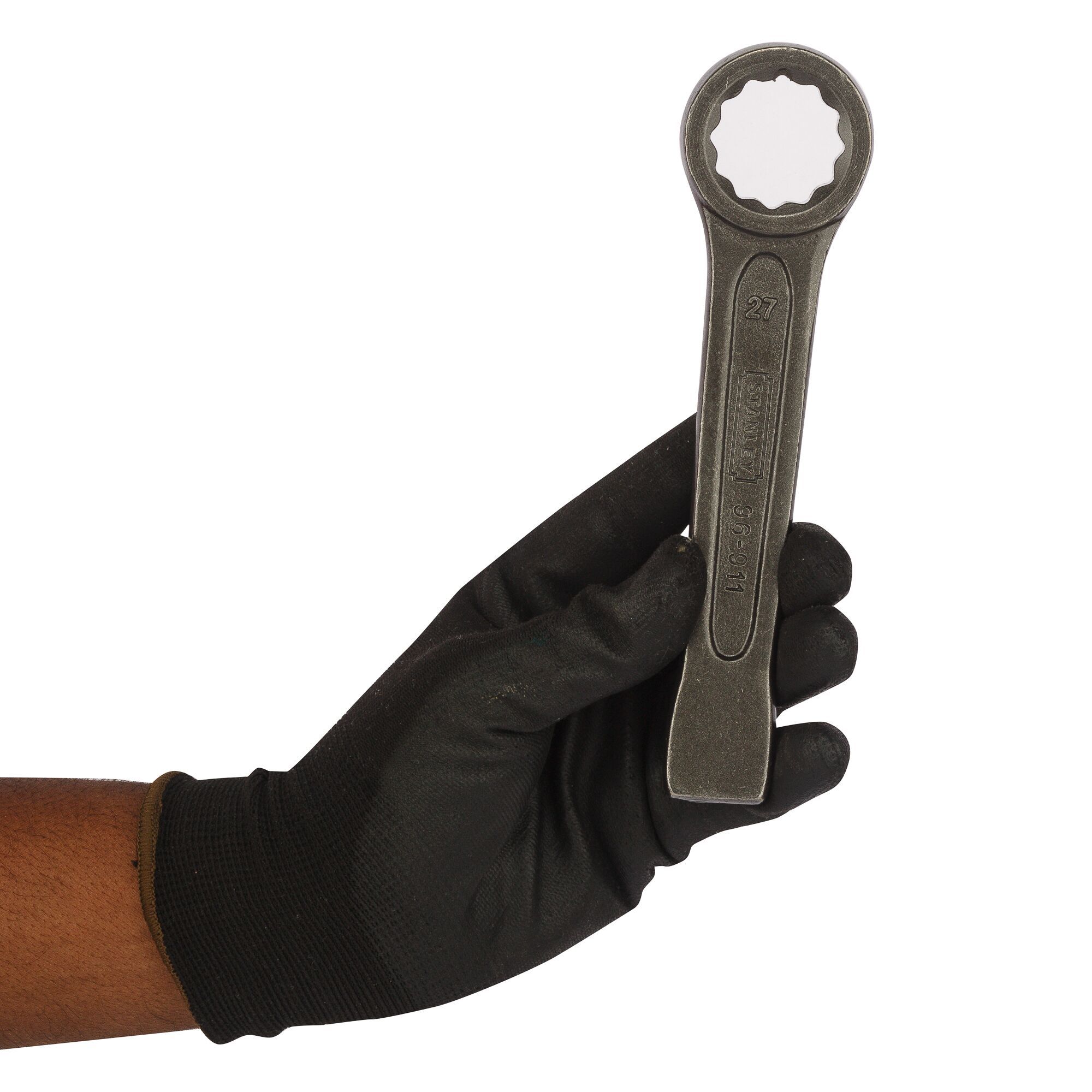 Gloved hand holds a Stanley box-end striking wrench, model 96-911, for industrial and mechanical use.