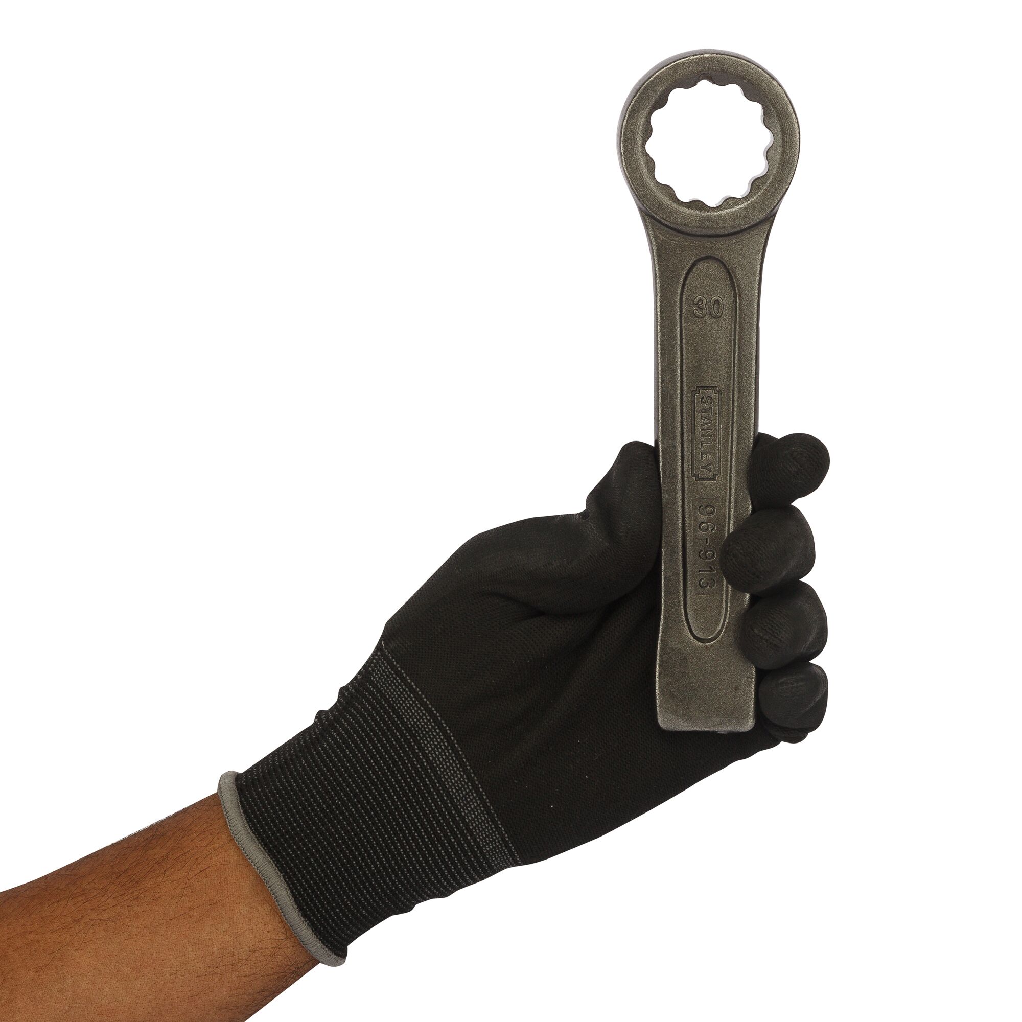Stanley 96-913 box end wrench held by a gloved hand, product category photography, front angle.