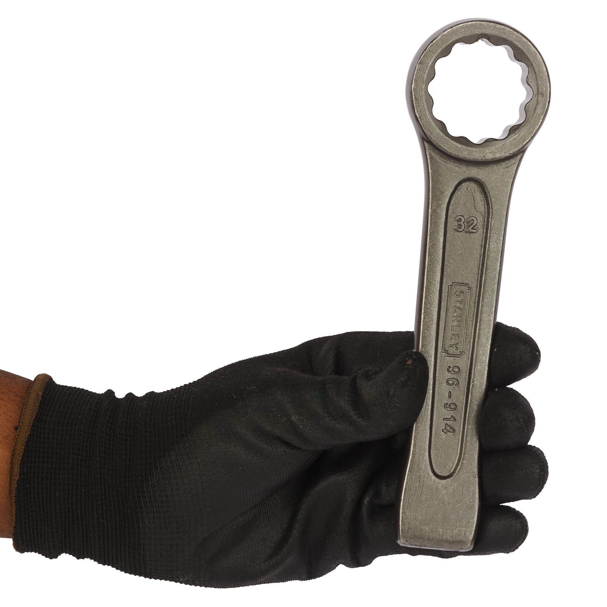Person in black glove holding Stanley brand box-end wrench, model 96-914, size 32.