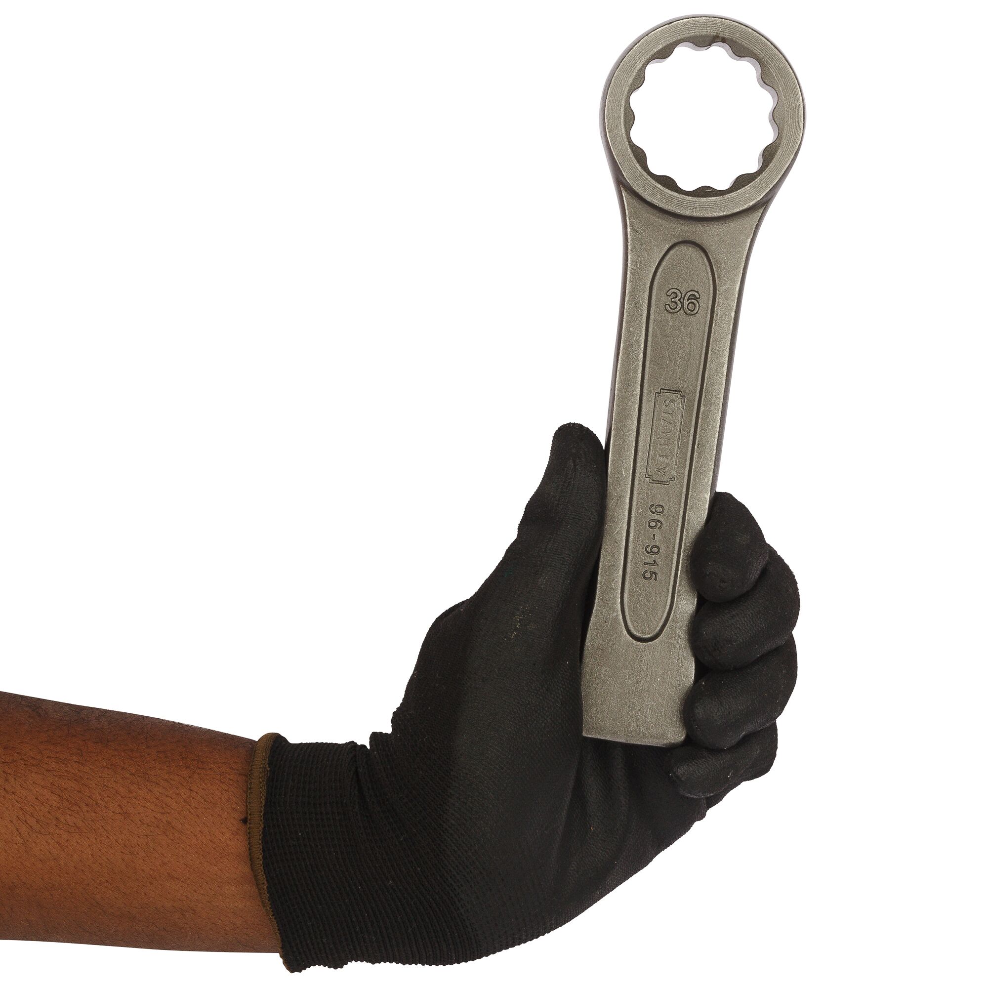 A gloved hand holds a Stanley 96-915 box-end wrench with a 36mm size against a white background.