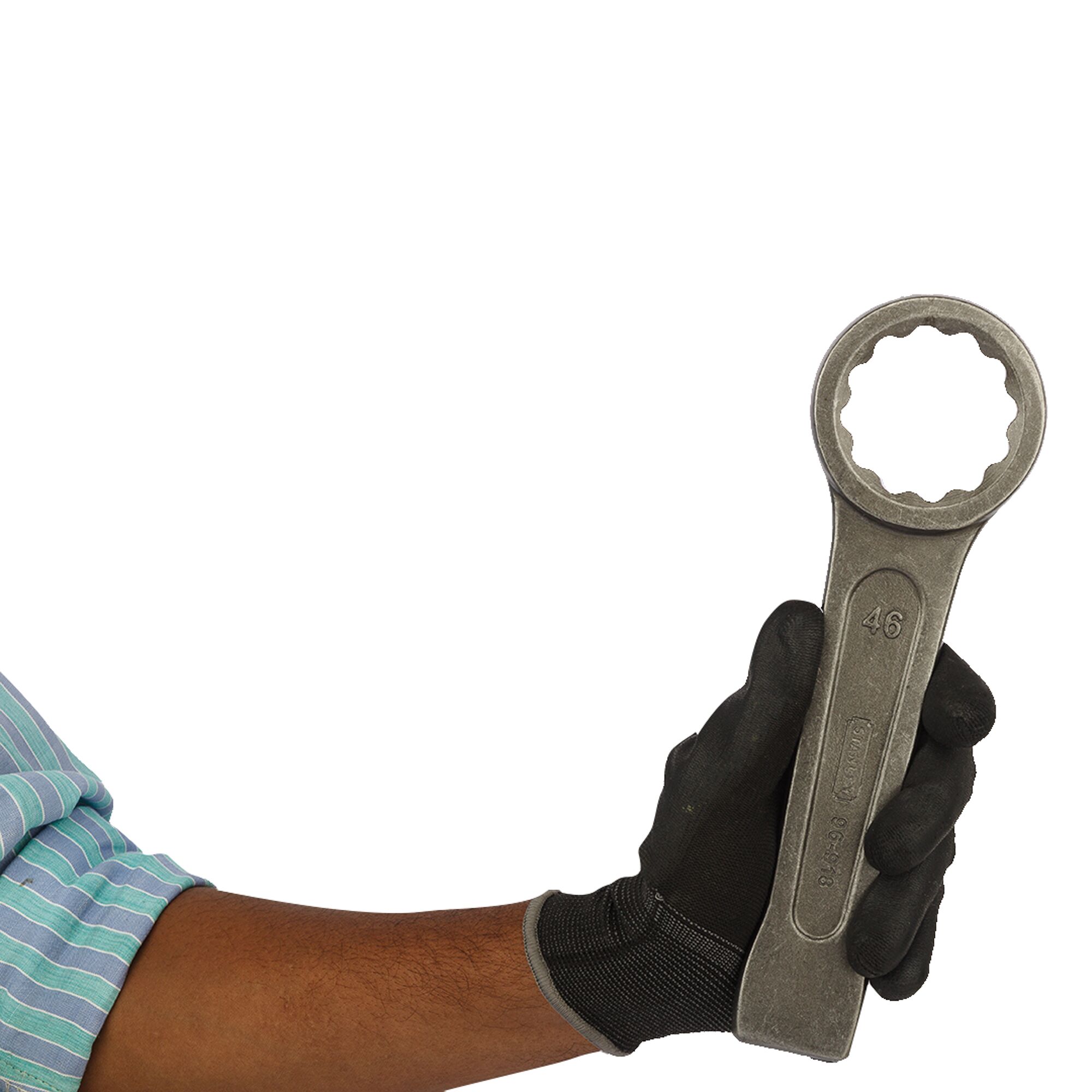 A gloved hand holds a large Stanley 46 box-end wrench against a white background.