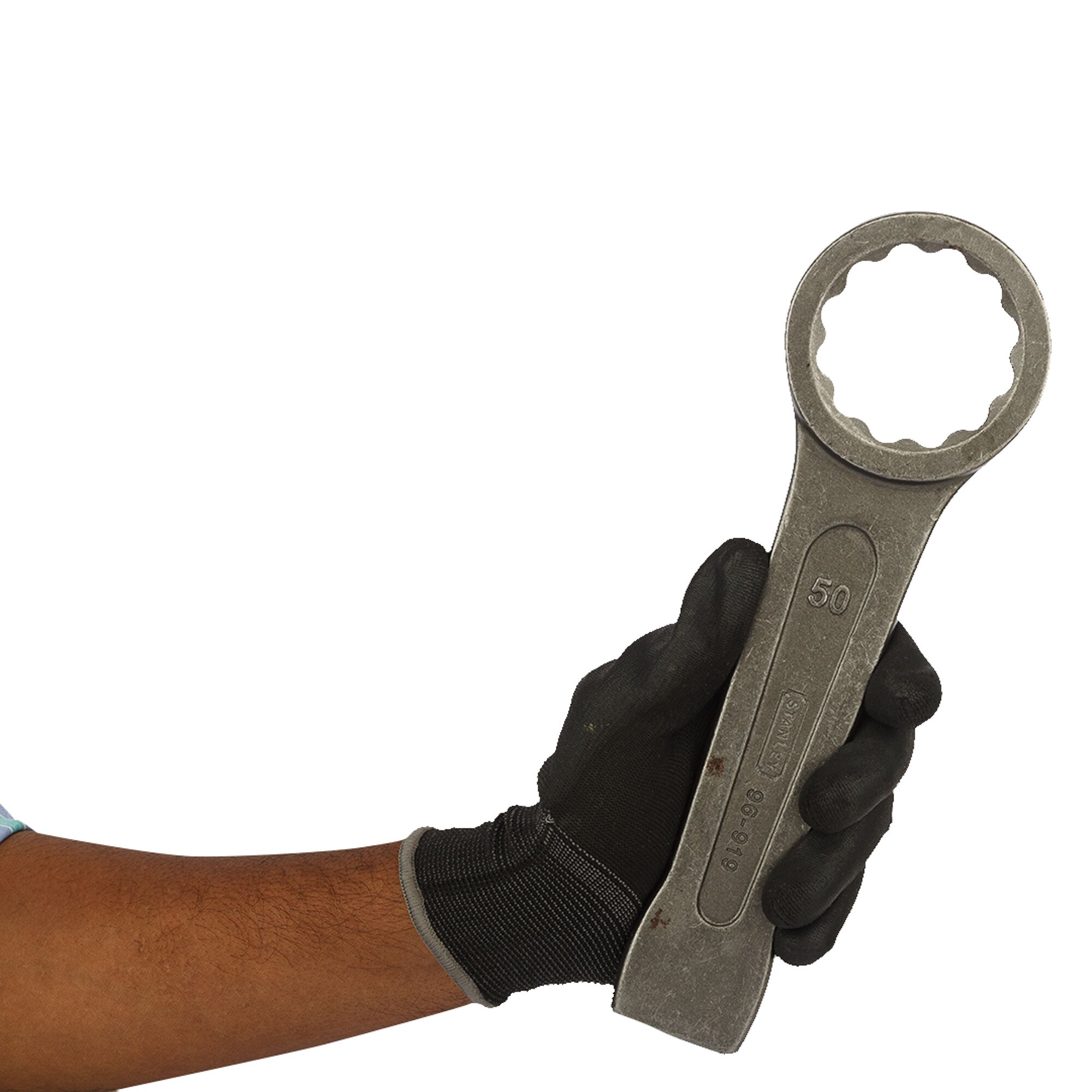 A gloved hand holds a large Stanley box wrench, model 96-919, size 50, against a white background.