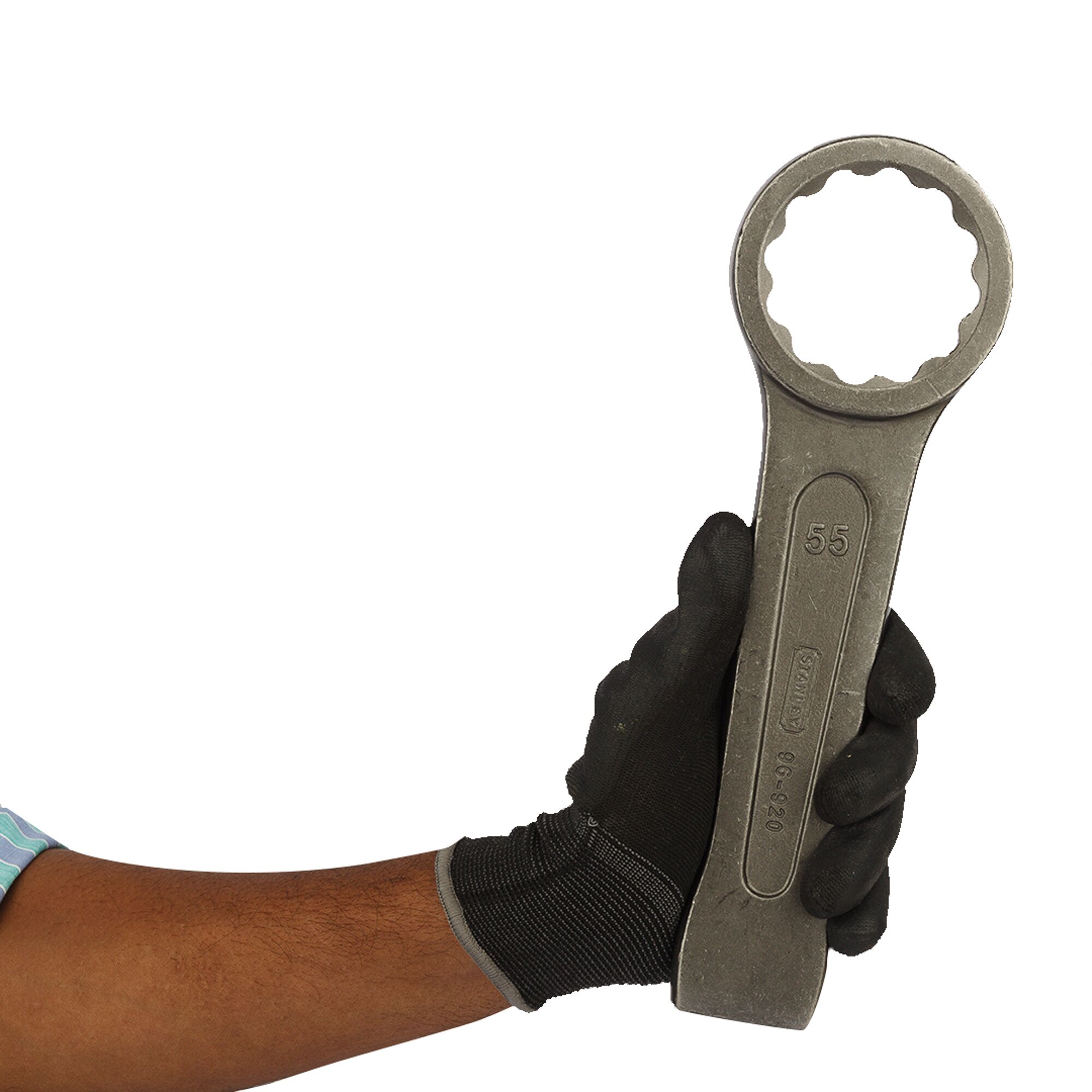 Stanley 96-920 box end wrench held in a gloved hand, product close-up photography.