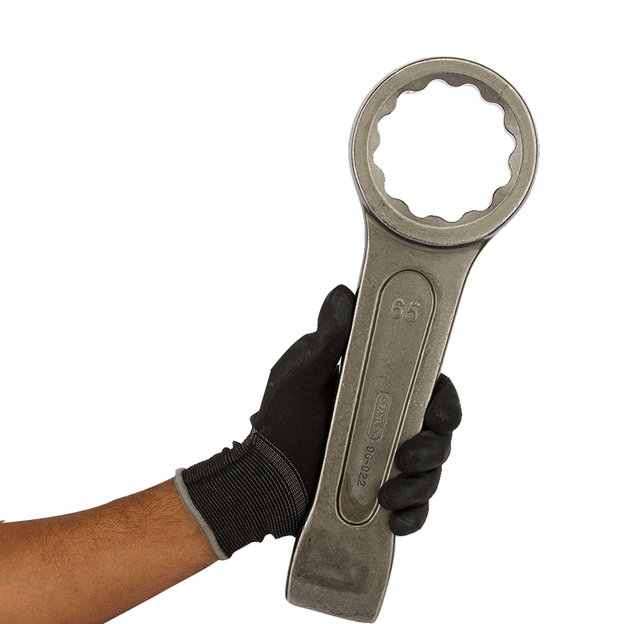 Photo of STANLEY 96-922 box-end wrench held in a gloved hand, metallic finish, front angle.