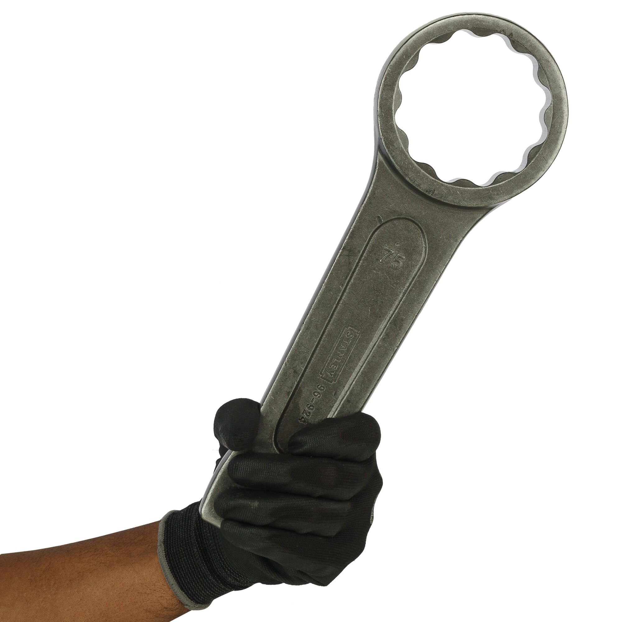 Photo of STANLEY 96-924 box-end wrench held in a gloved hand, tool angled on white background.