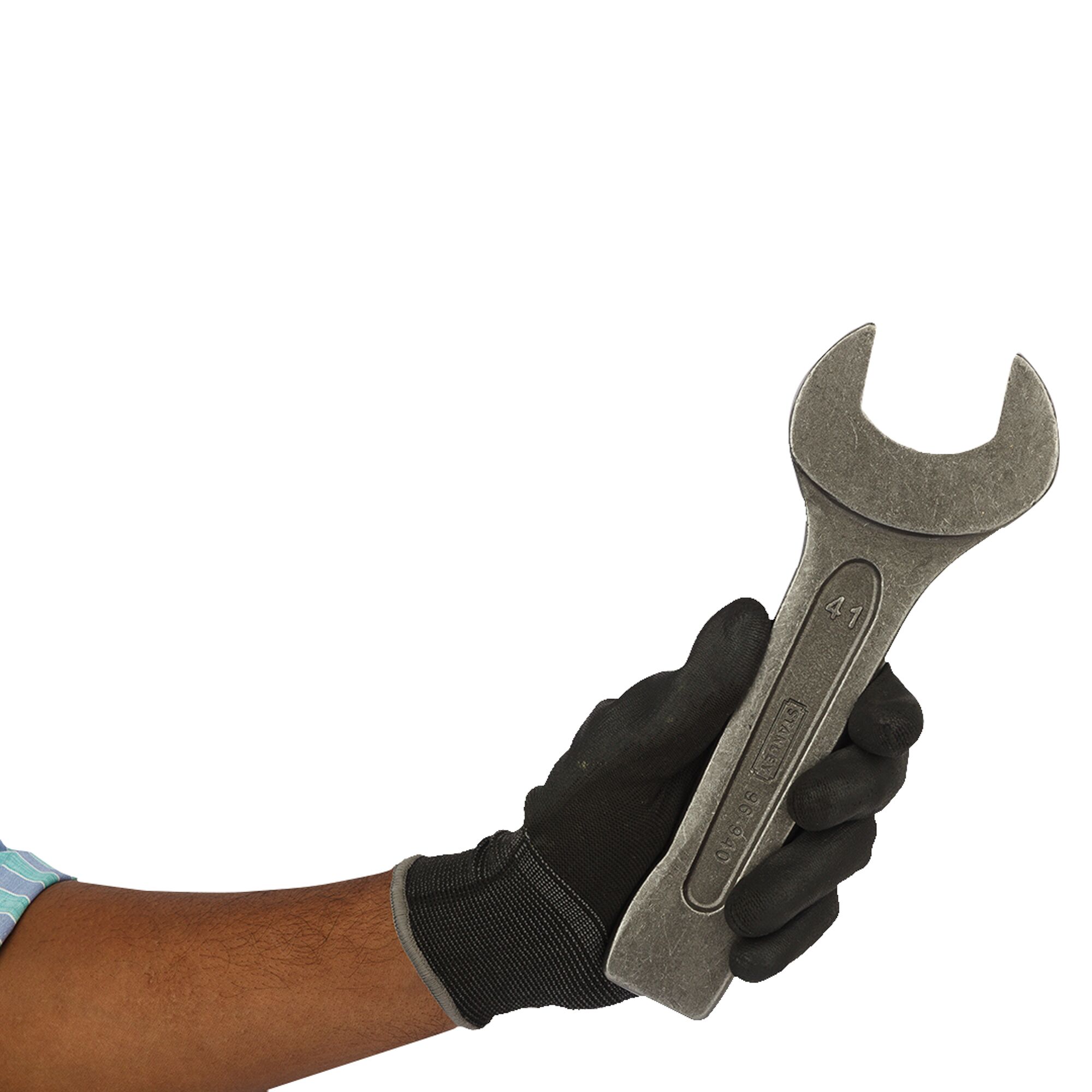 A hand in a black glove holding a large open-end wrench marked with '41' and 'Stanley 96-940'.