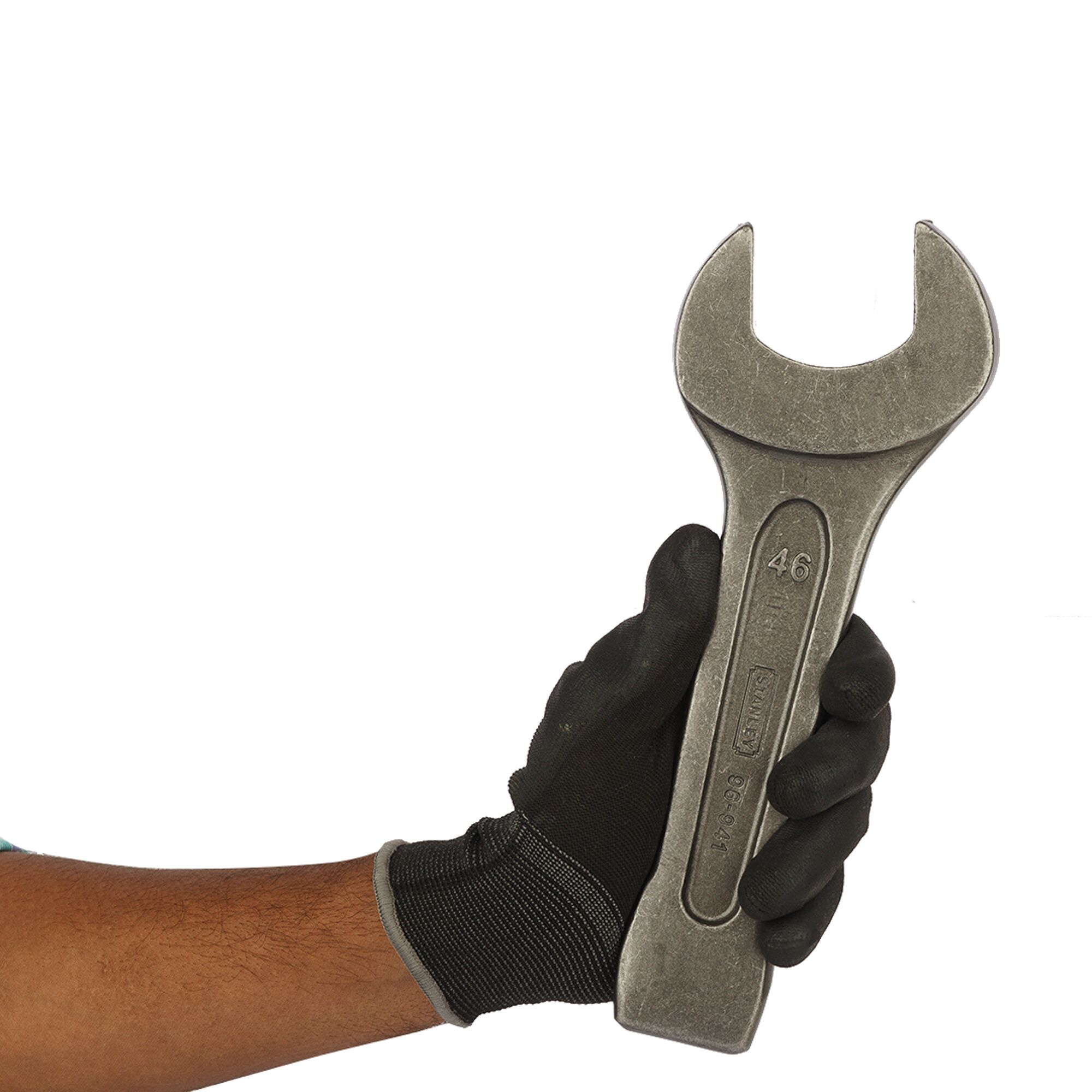 Photo of STANLEY 96-941-23 open-end wrench held in a gloved hand, front angle, silver metal finish.