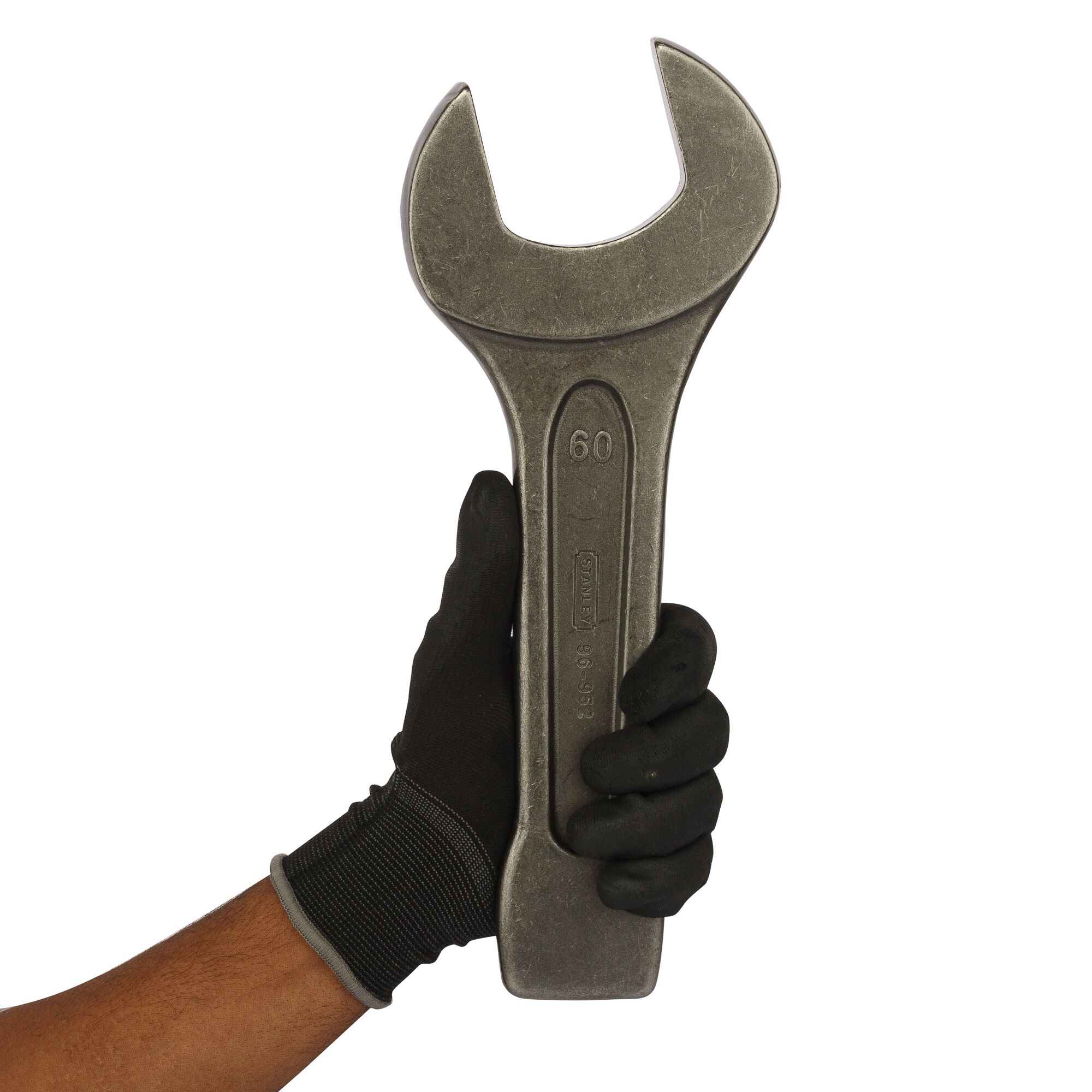 STANLEY 96-952 open-end wrench held by gloved hand, front angle on white background.