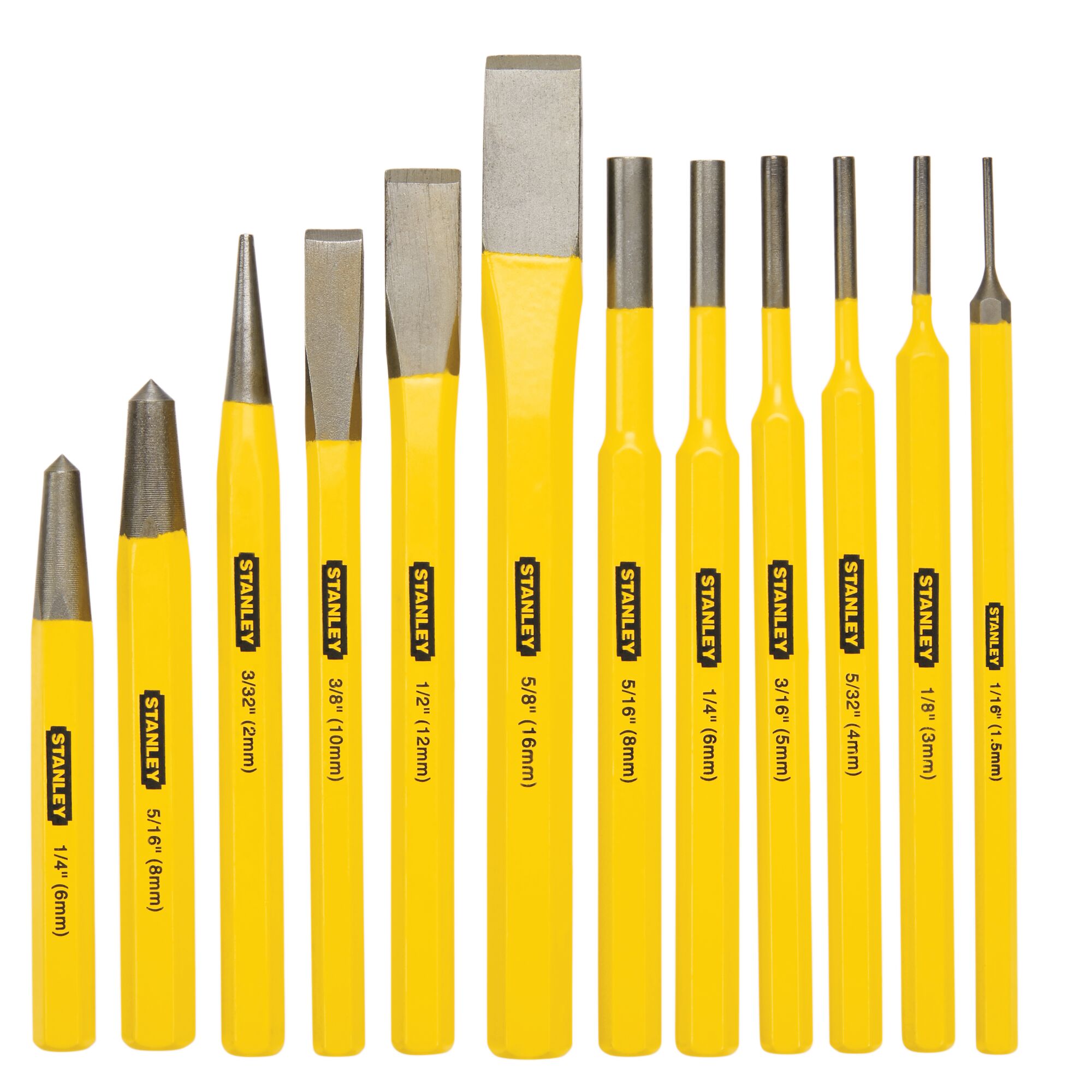 Profile of 12 piece punch and chisel kit. Profile of 12 piece punch and chisel kit.