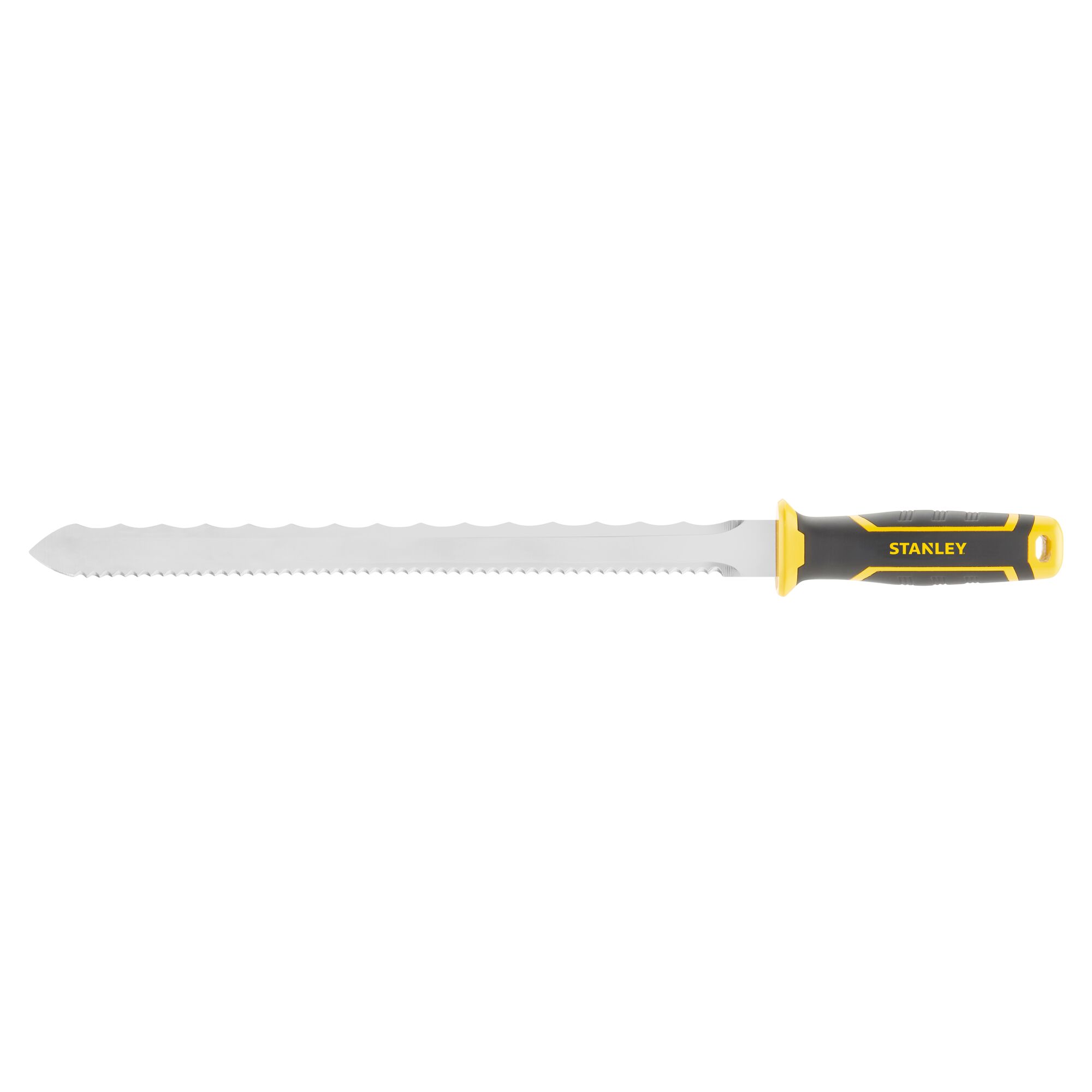 STANLEY FMHT0-10327 hand saw with serrated stainless steel blade and black-yellow handle, side view.