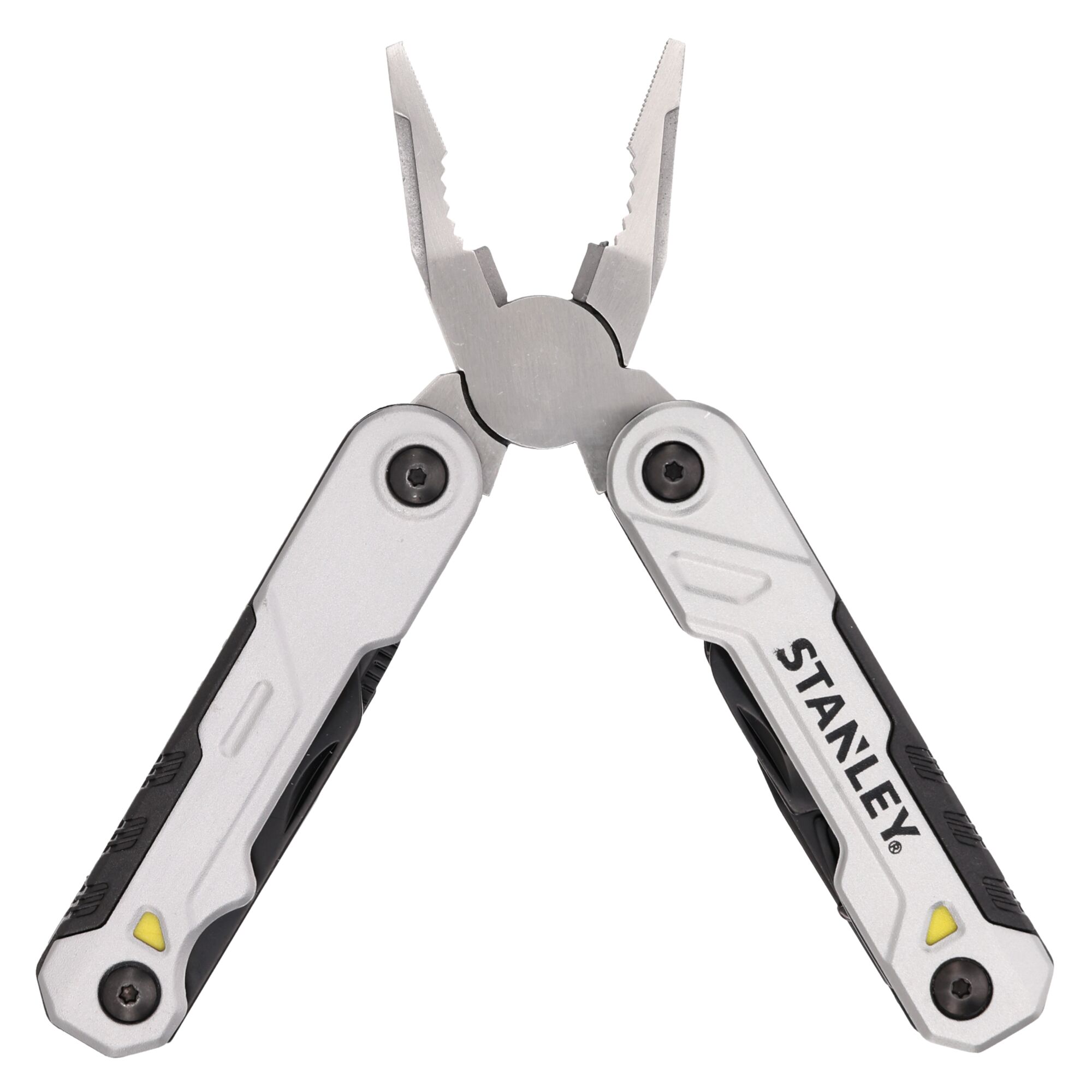 Stanley-branded silver multitool with pliers open, textured handles, photographed on a white background.