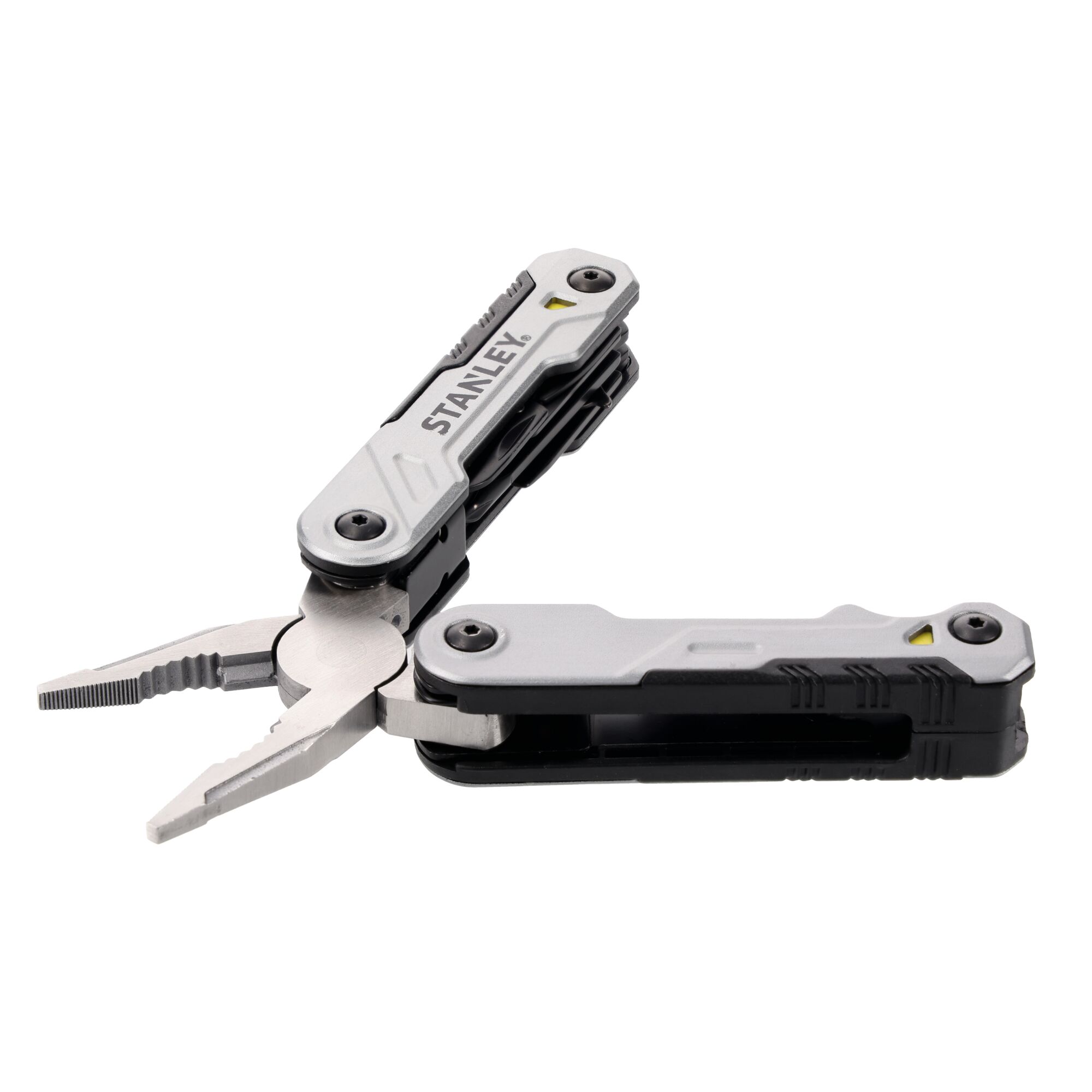 A STANLEY branded multi-tool with pliers extended, featuring a silver and black design with multiple integrated tools.
