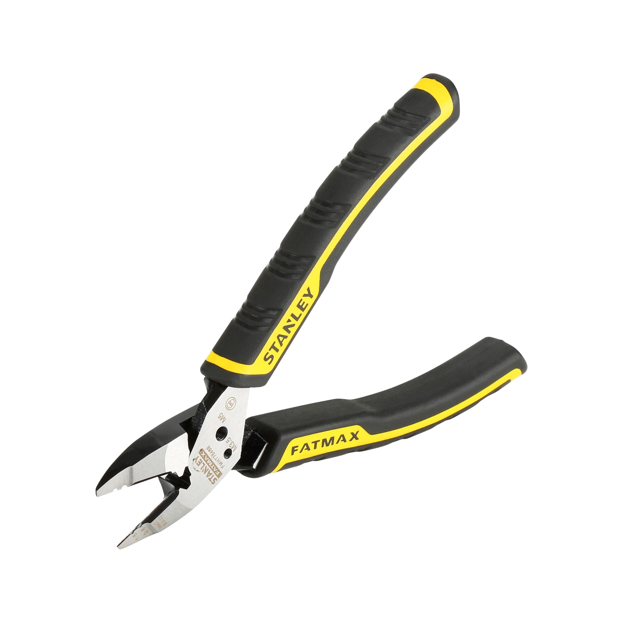 Stanley FatMax diagonal cutting pliers with black and yellow handles, angled jaws for cutting wires.