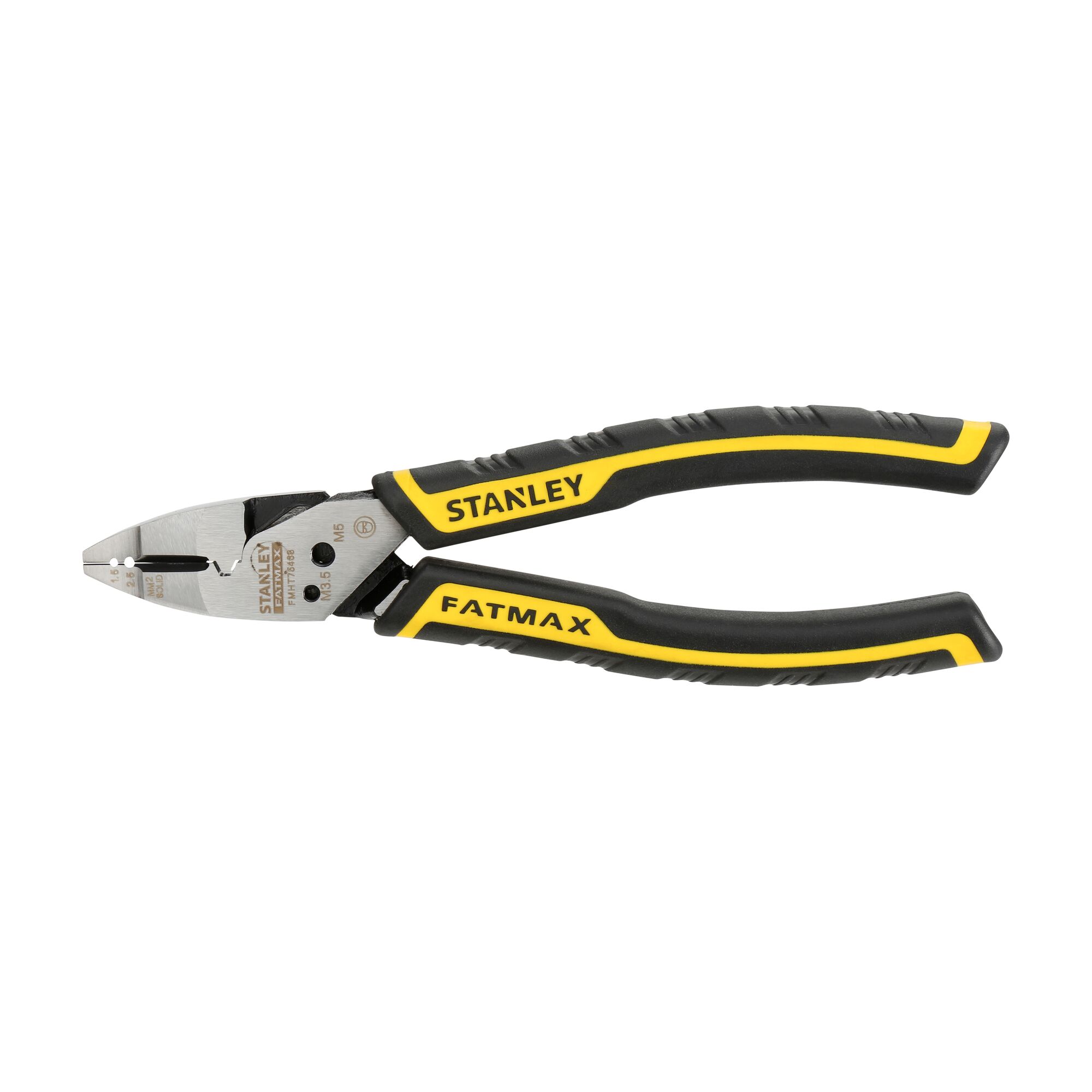 Stanley FatMax pliers with black and yellow ergonomic handles, shown on white background.