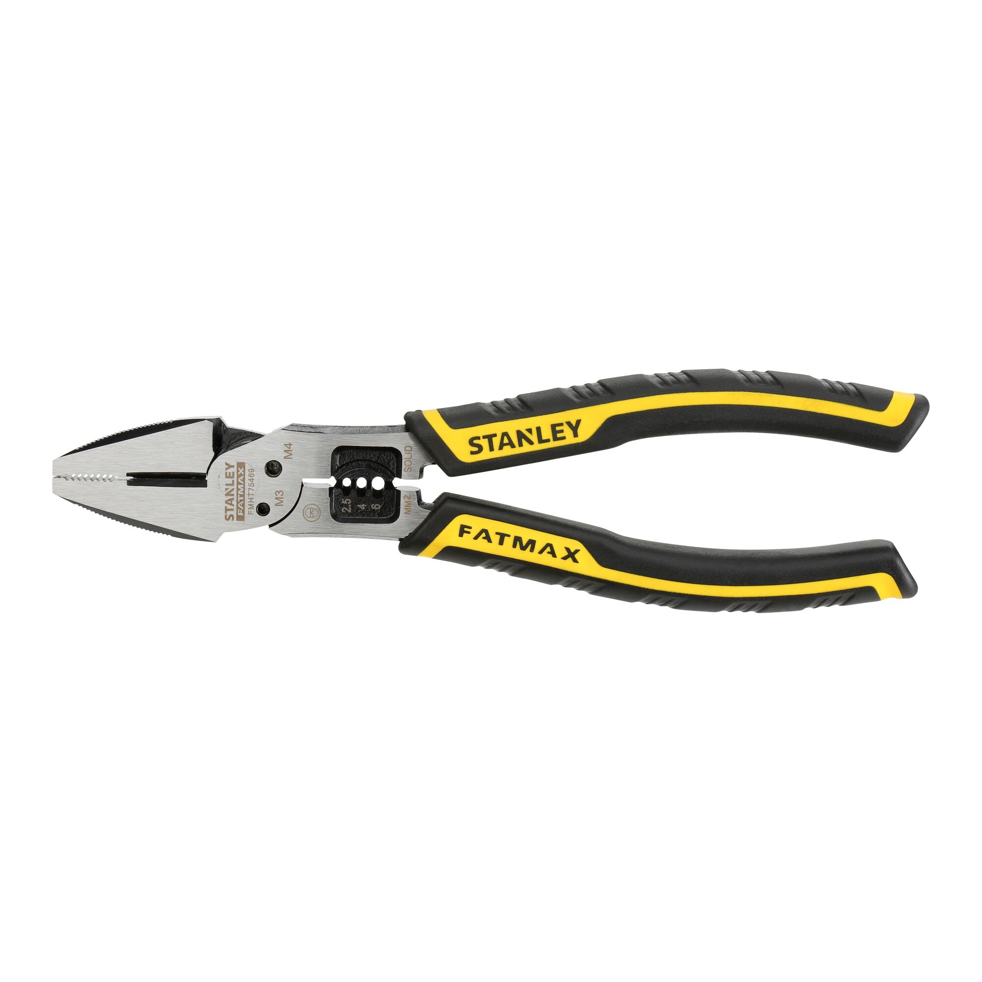 Stanley FatMax combination pliers with black and yellow ergonomic handles, suitable for gripping and cutting tasks.