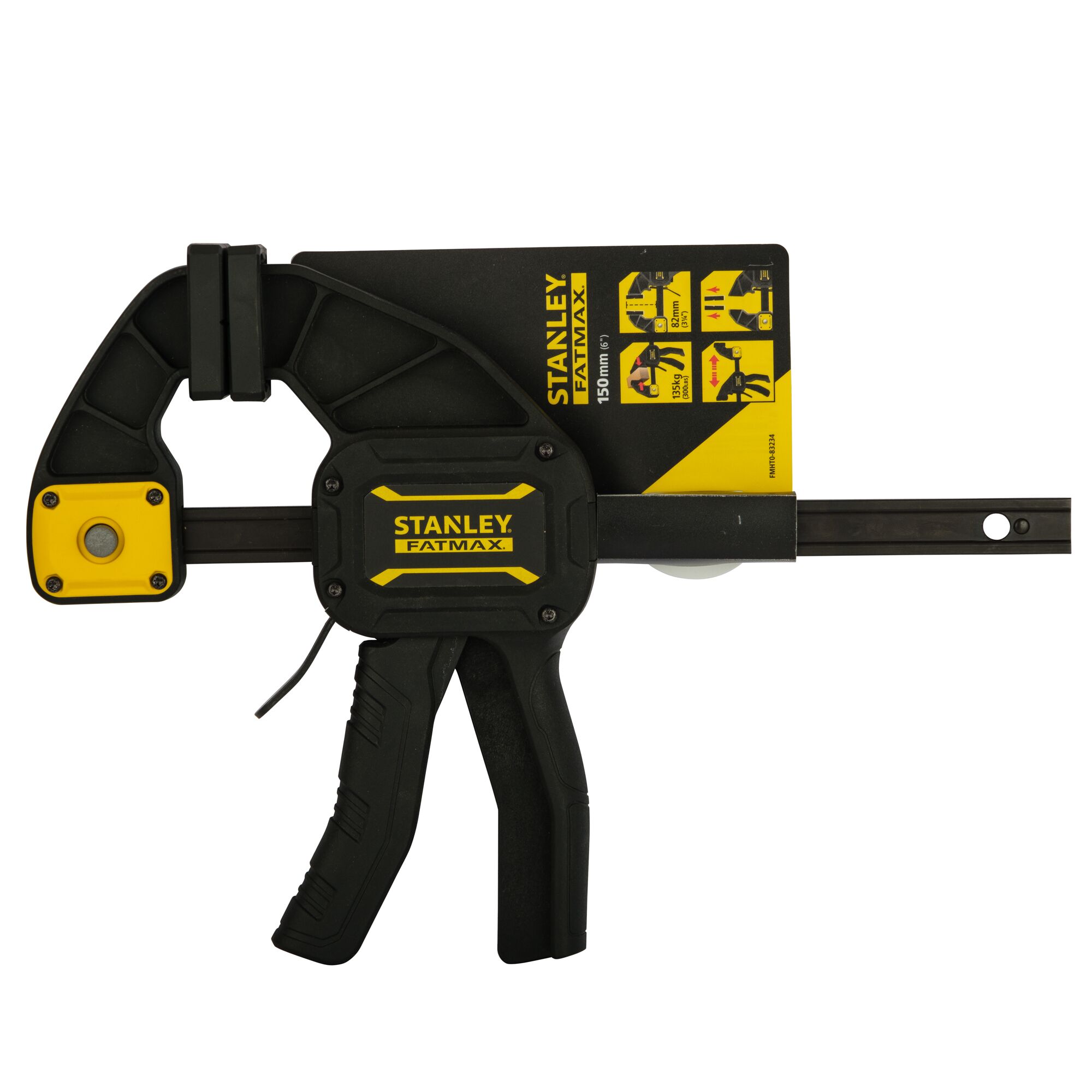 Stanley FATMAX FMHT0-83234 black and yellow photography of trigger clamp, side angle on white background.
