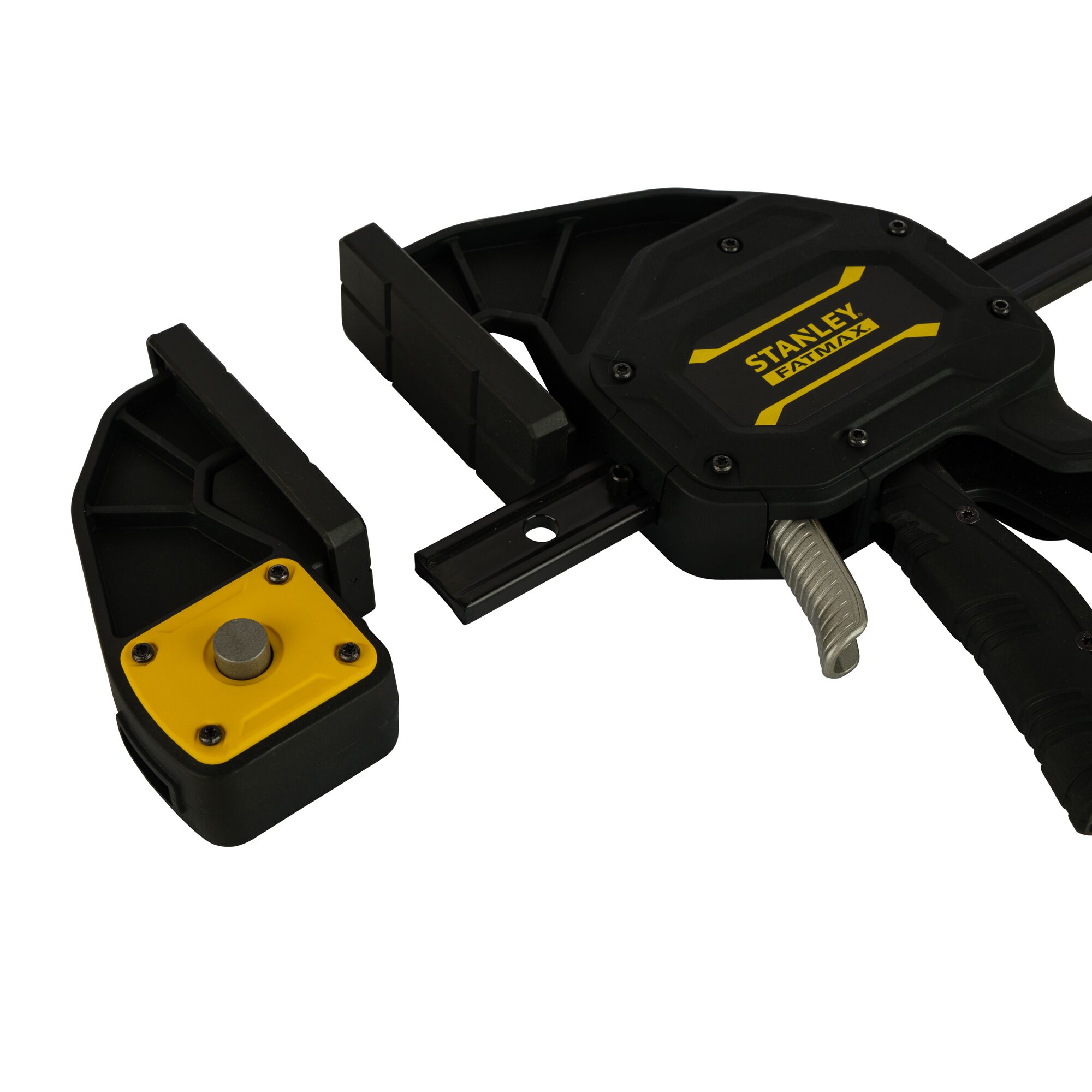 Photo of STANLEY FMHT0-83239 FATMAX trigger clamp with removable black and yellow jaw, angled view.