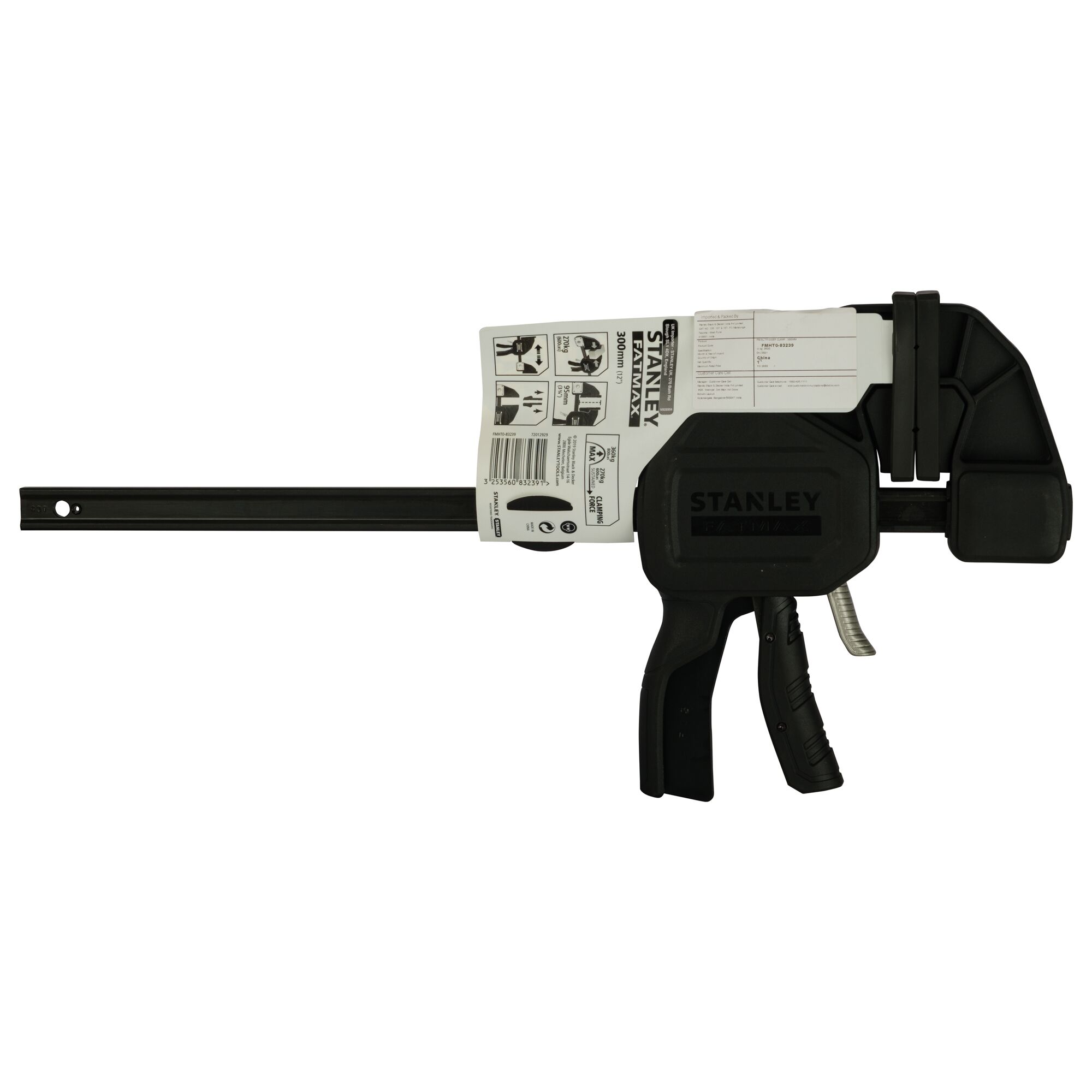 STANLEY FMHT0-83239 black trigger bar clamp, side angle, with product label.