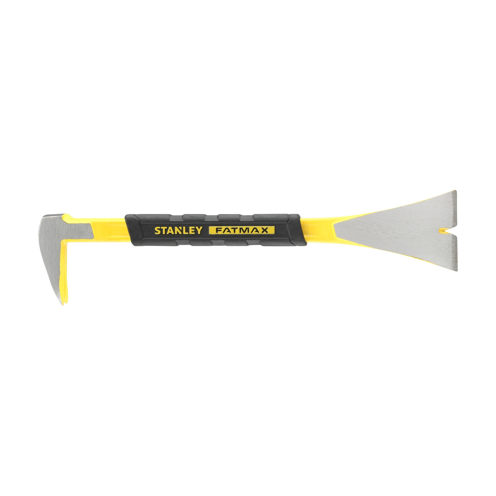 Stanley FMHT1-55009 pry bar with yellow and black handle, side view on white background.