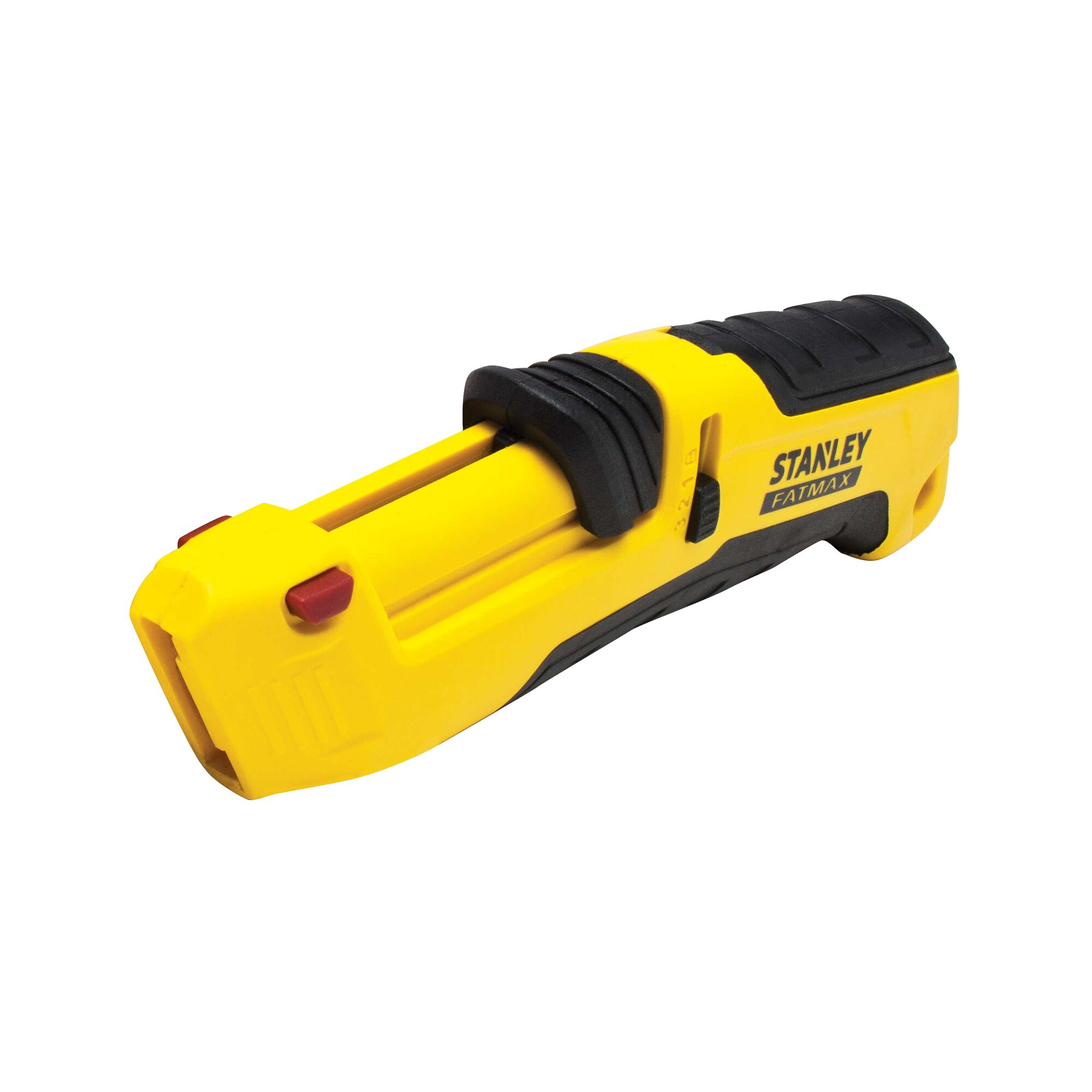 Photo of STANLEY FMHT10365-0 utility knife, yellow and black, angled view on white background.