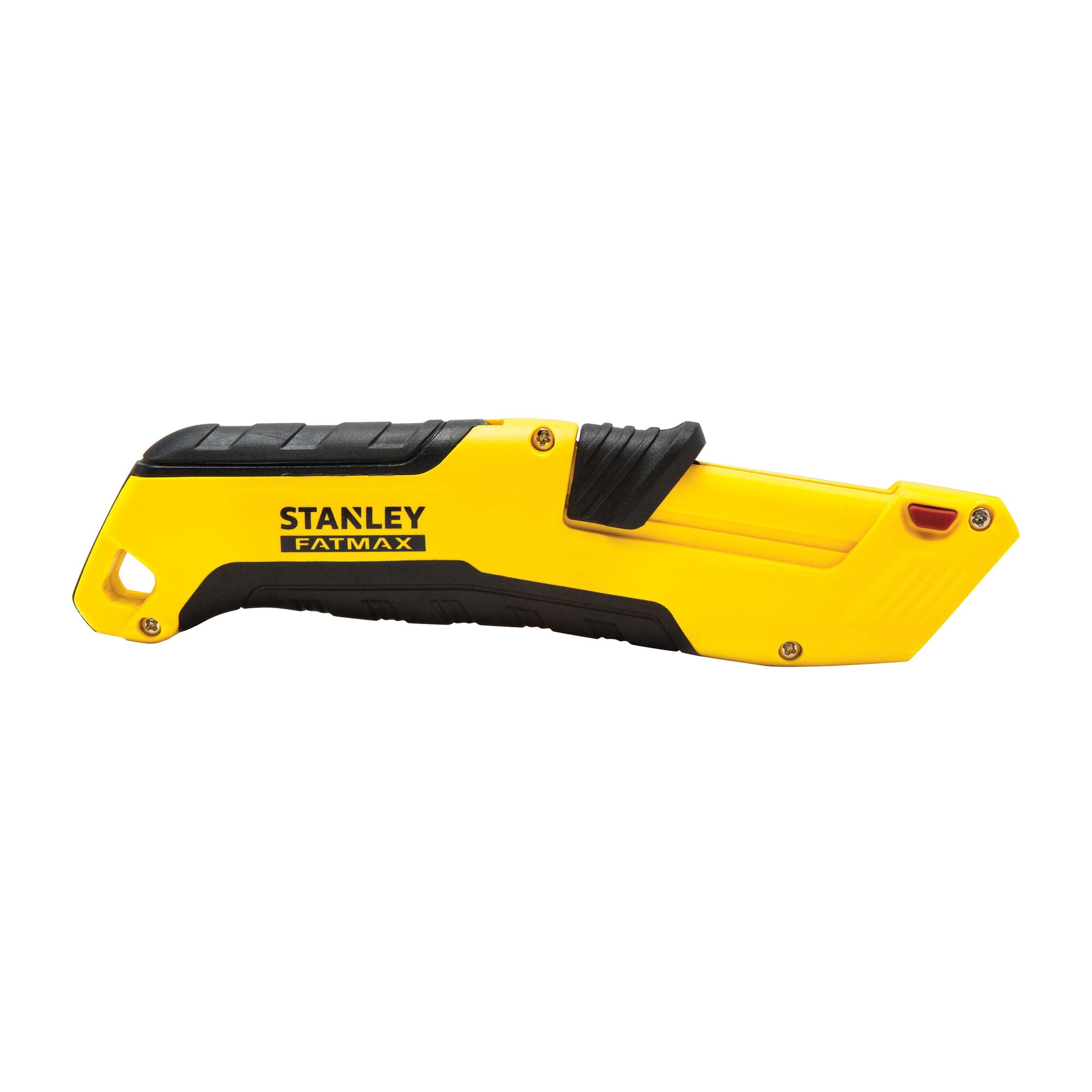 STANLEY FMHT10365-0 yellow and black folding utility knife, side view, on white background.