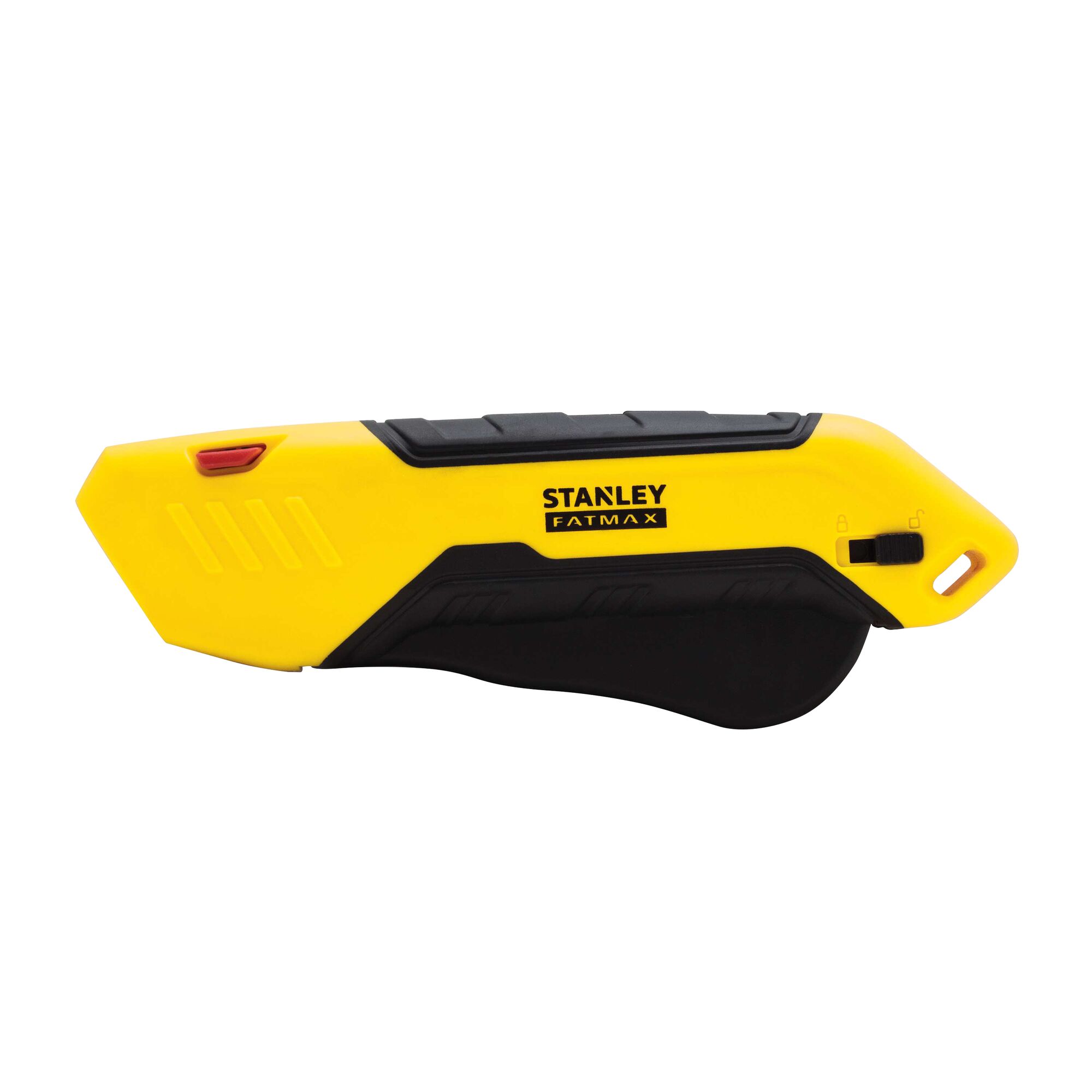 Side view of STANLEY FATMAX yellow and black utility knife on white background
