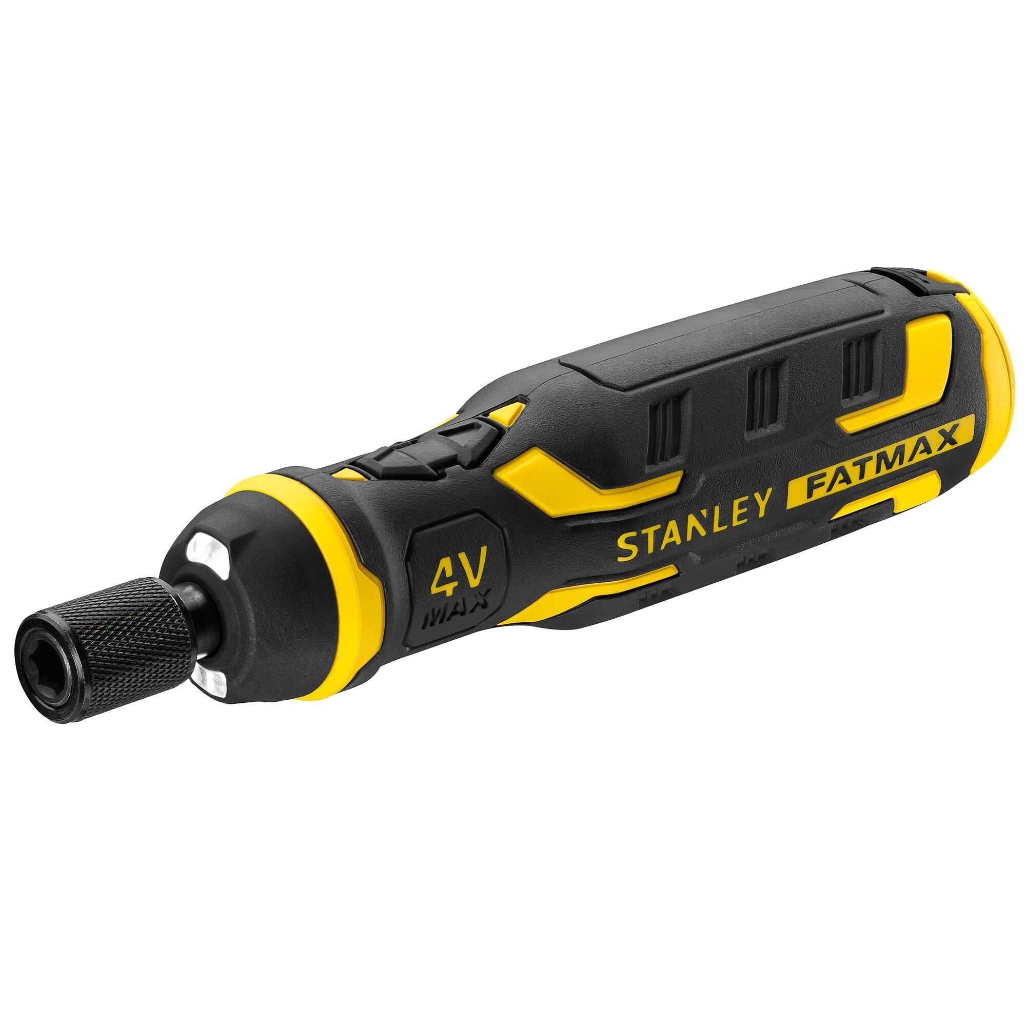 Photo of STANLEY FMHT66719-0 cordless electric screwdriver, black and yellow, side angle on white background.
