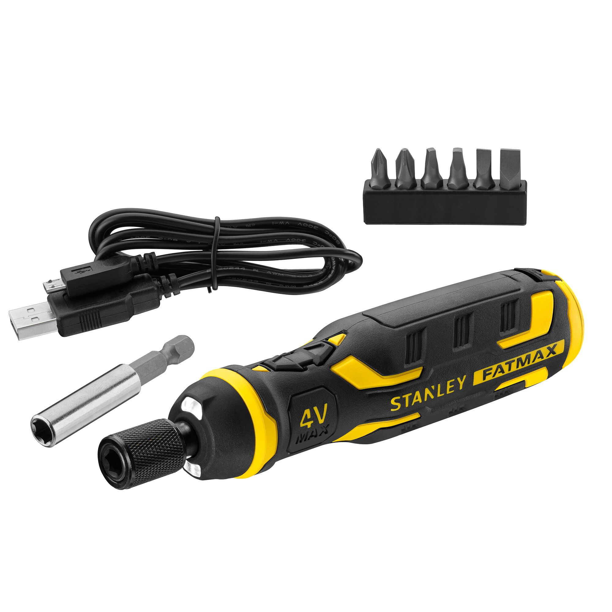 STANLEY FMHT66719-0 cordless screwdriver set with USB cable, bits, and adapter, product side angle.
