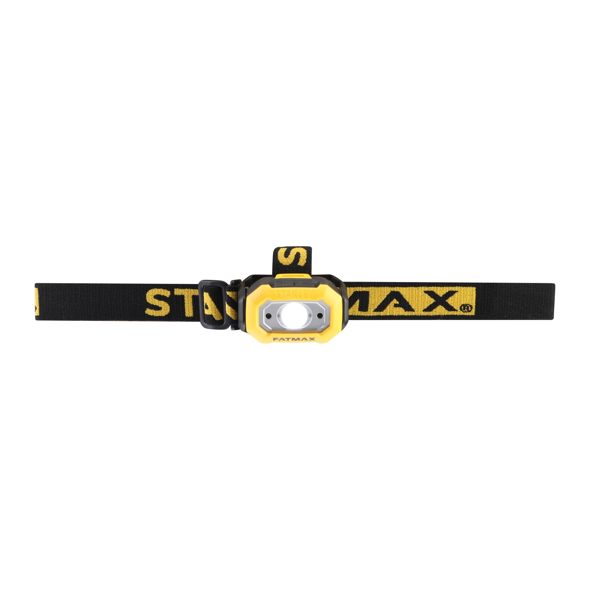 Yellow and black Stanley FatMax headlamp with adjustable strap, designed for hands-free illumination.