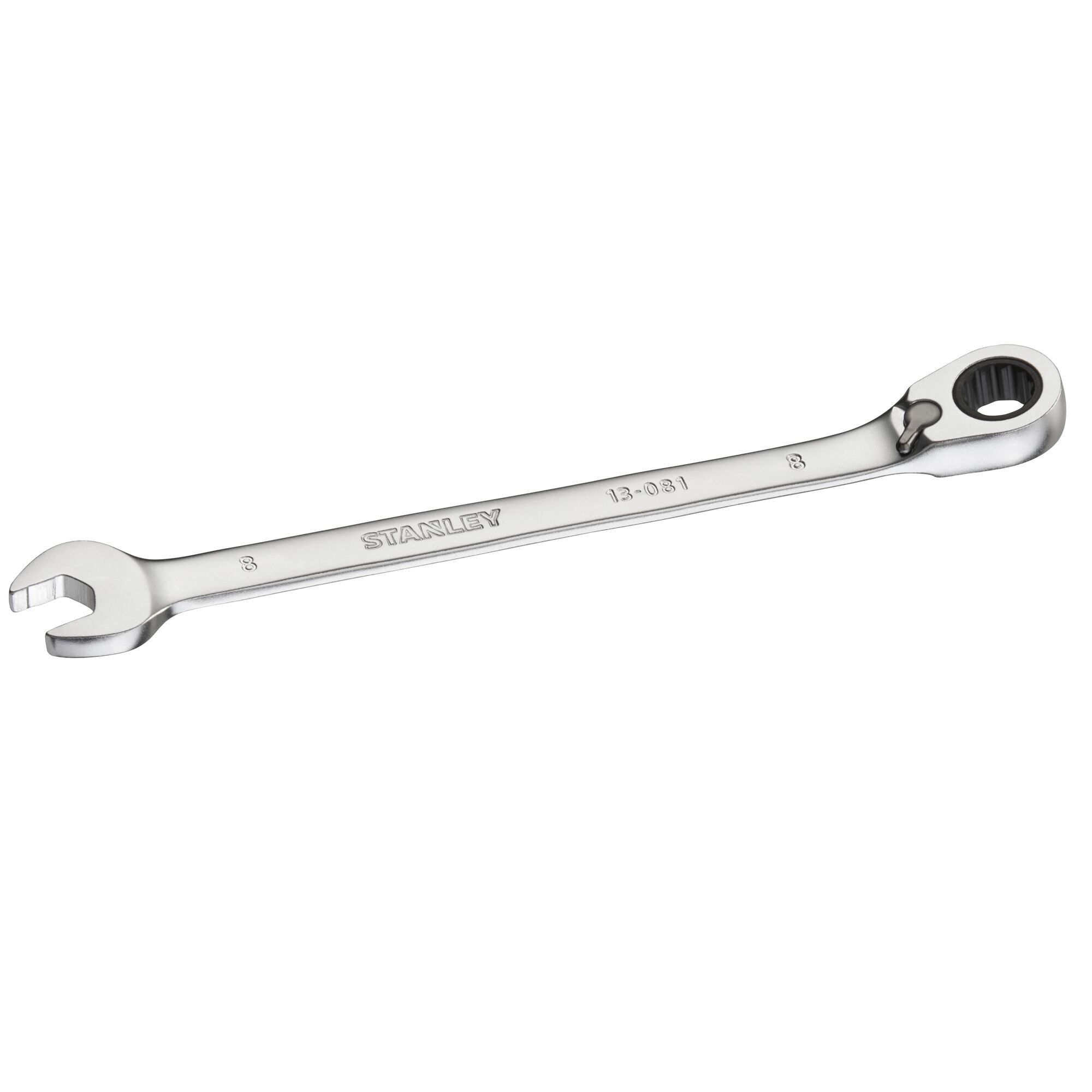 STANLEY FMMT13081-0 ratcheting combination wrench, chrome finish, front angle on white background.