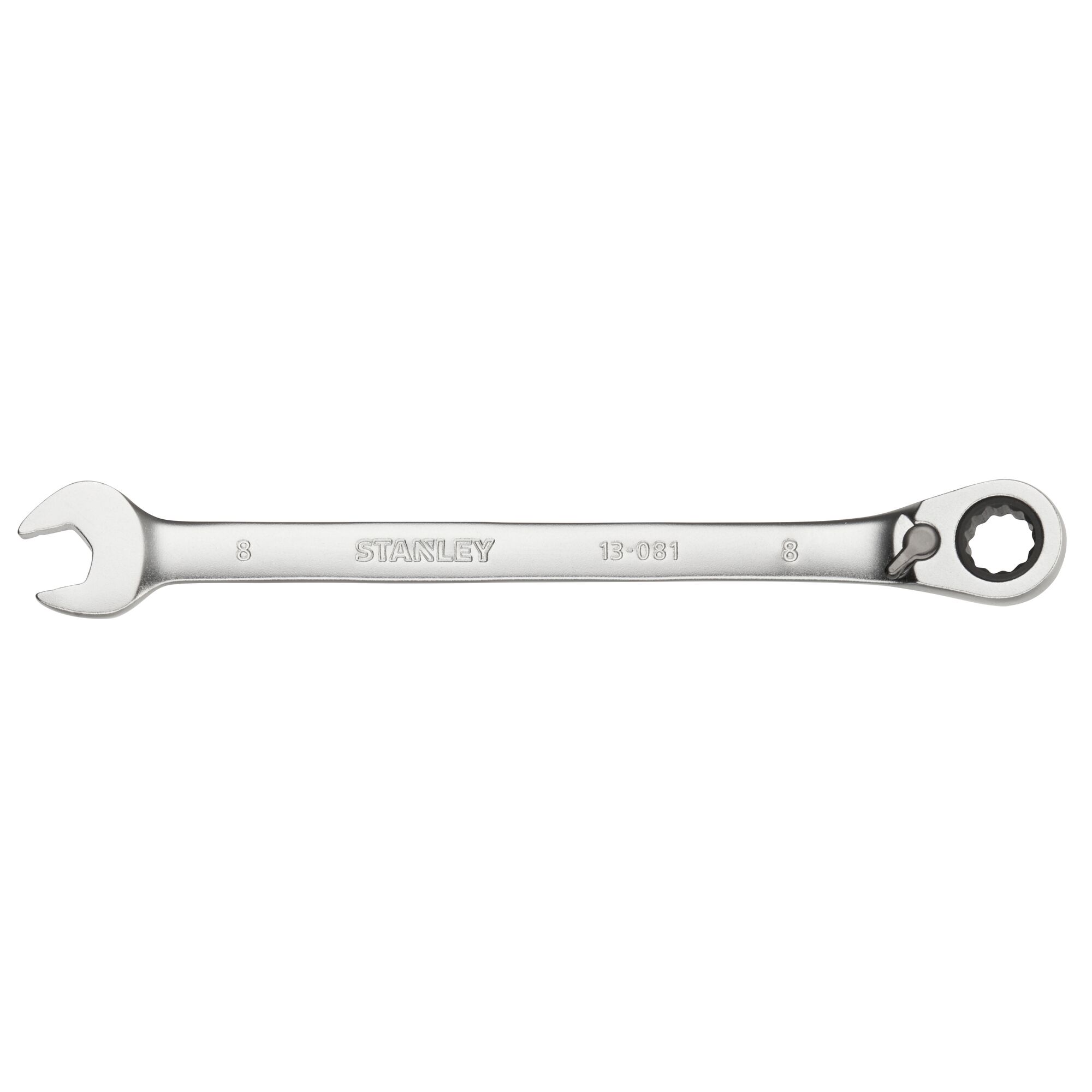 STANLEY FMMT13081-0 silver ratcheting combination wrench, front angle on white background.