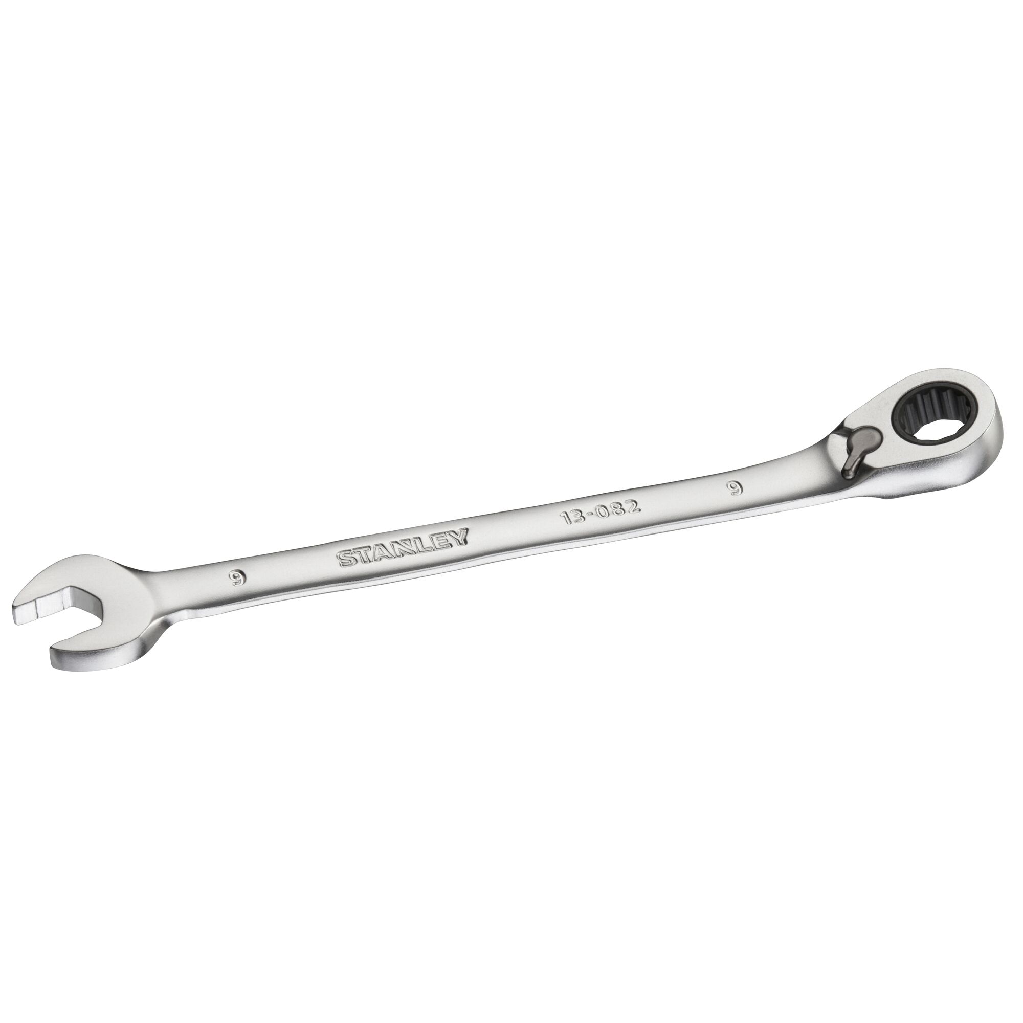 STANLEY FMMT13082-0 silver ratcheting combination wrench, side angle, on white background.