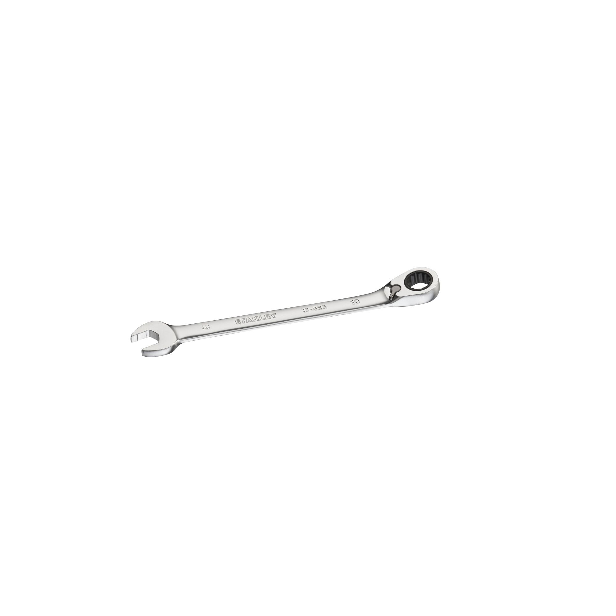 Stanley combination wrench with open and ratcheting ends, silver color, isolated on white background.